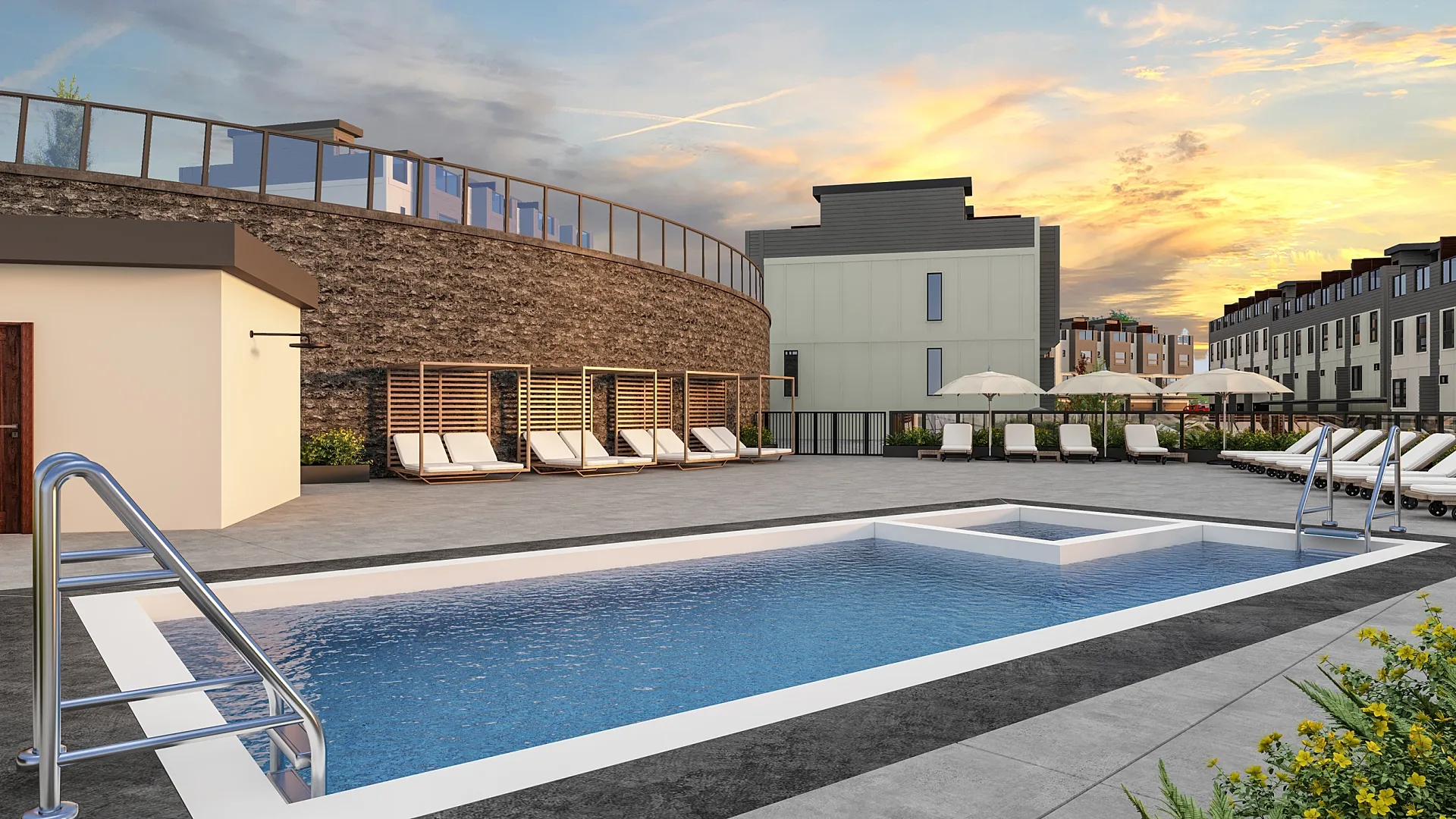 Exterior 3D render of a residential community pool with cabana and loungers
