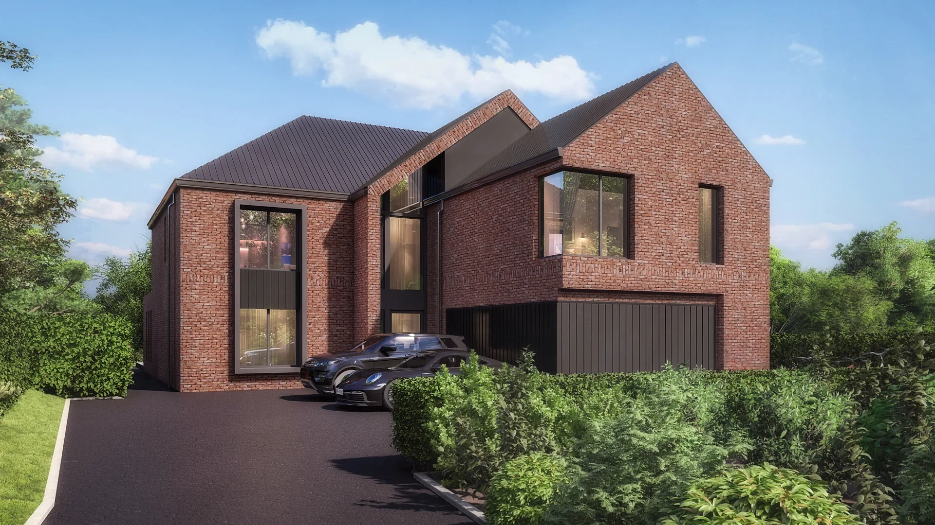 Front exterior 3D render of a contemporary brick house with gabled bays