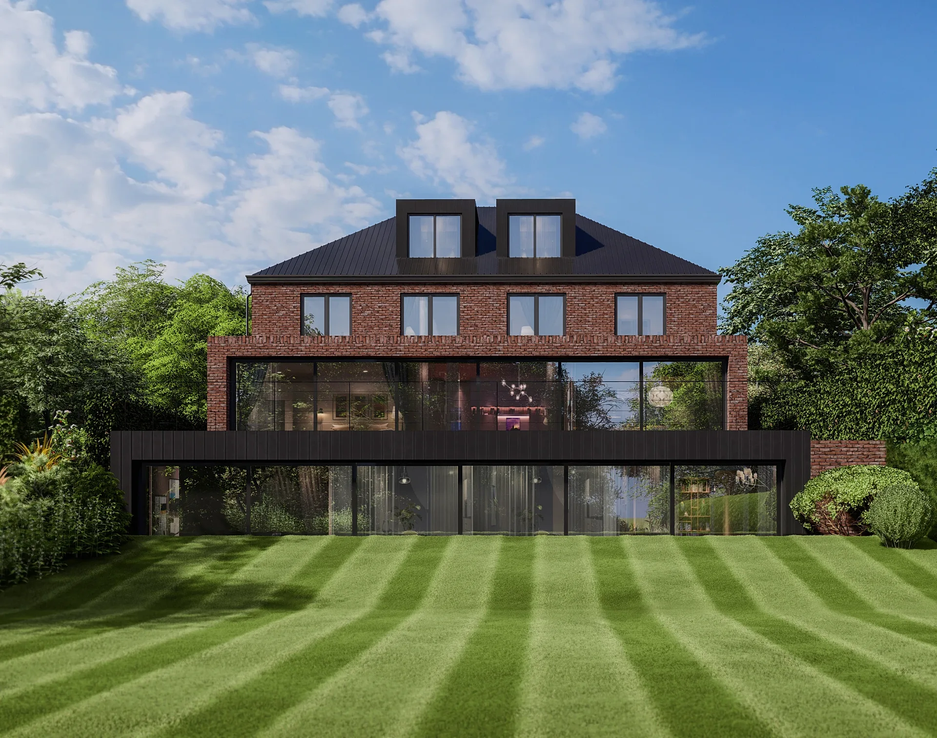 Rear exterior 3D render with full-width glazing and striped lawn