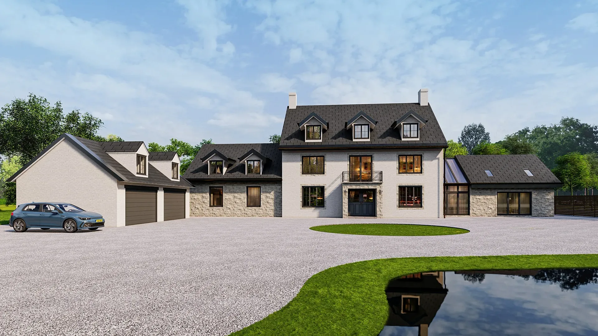 Exterior 3D render of a country estate residence with sweeping driveway