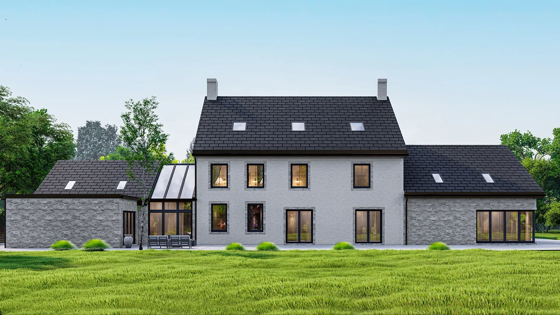 Rear elevation exterior 3D render of a stone country house