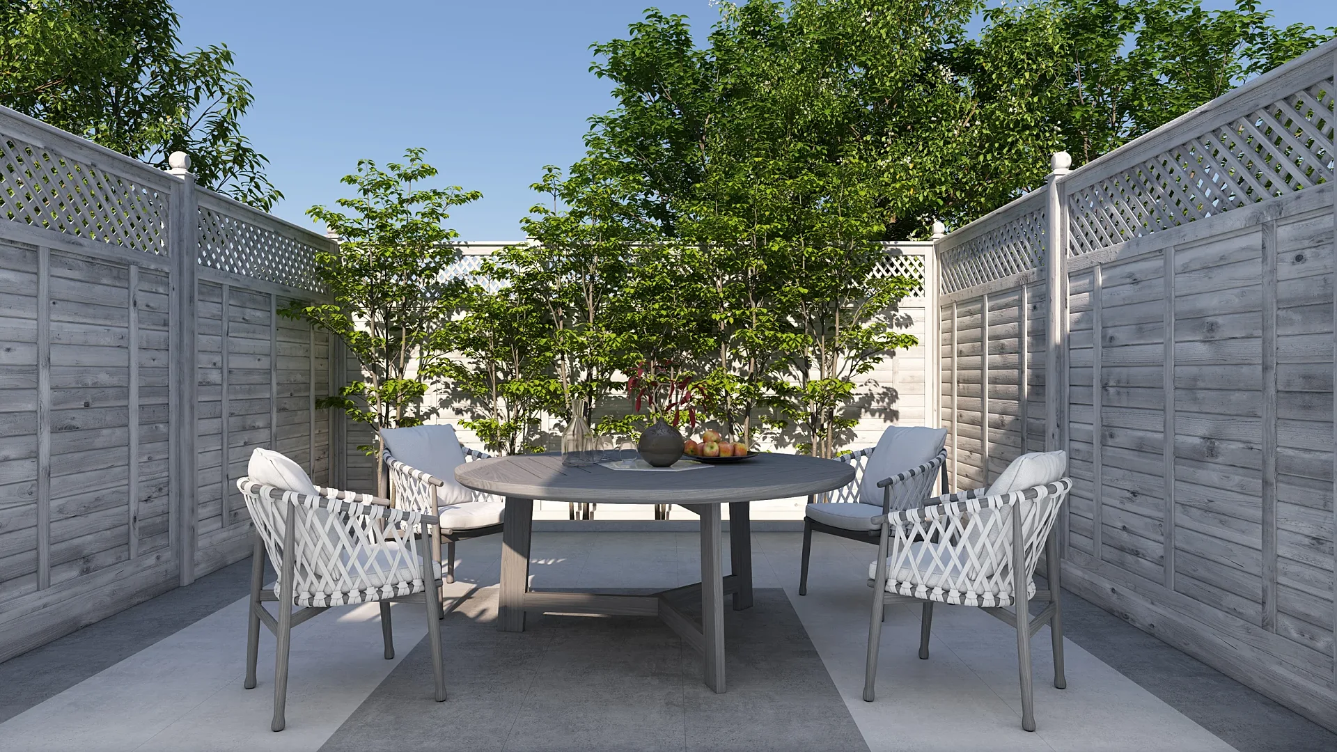 3D render of a courtyard garden with outdoor dining