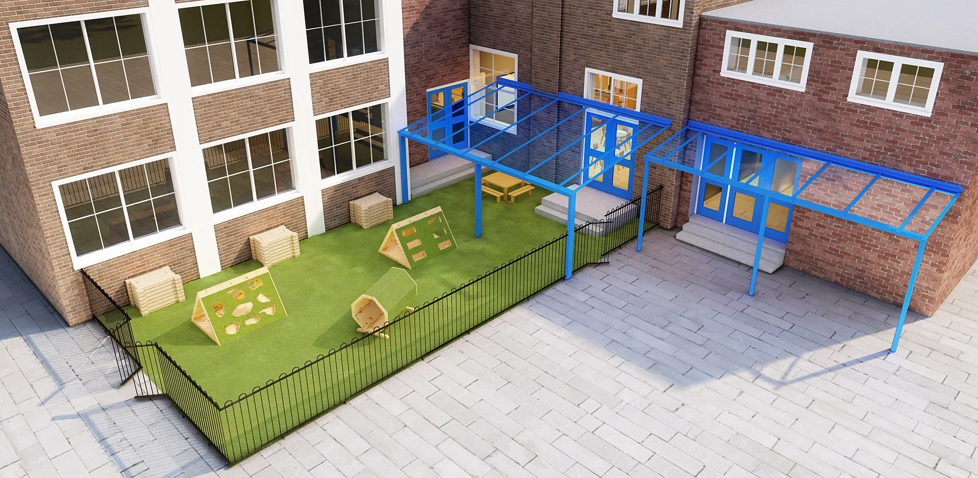 Exterior 3D render of a covered outdoor play area with artificial turf