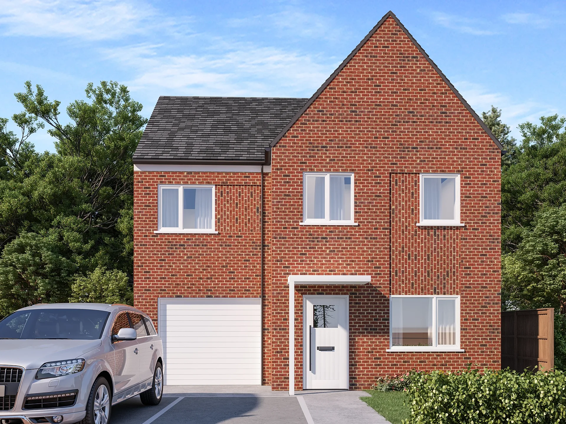 Front 3D render of a detached brick house with garage
