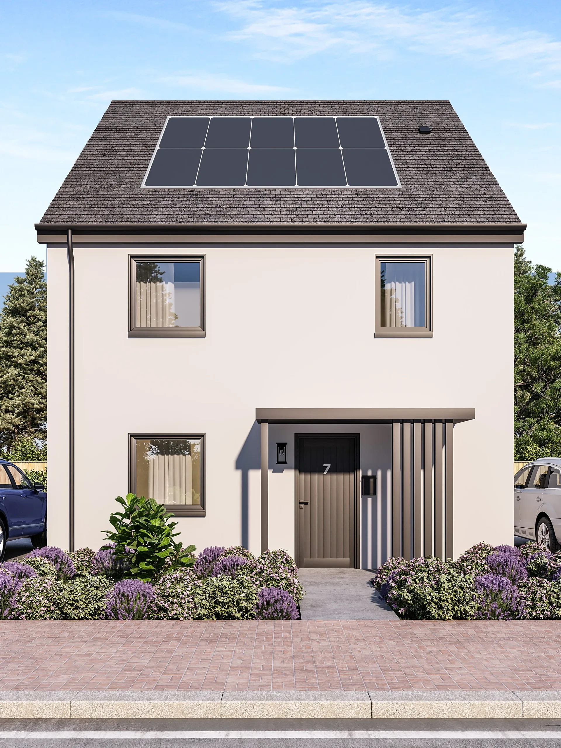 Front 3D render of a detached house type in a rendered acrylic finish