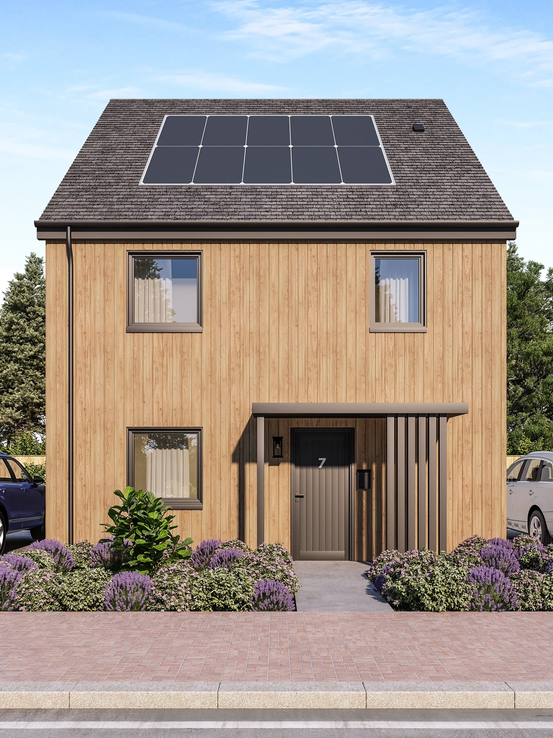 Front 3D render of a detached house type in timber cladding