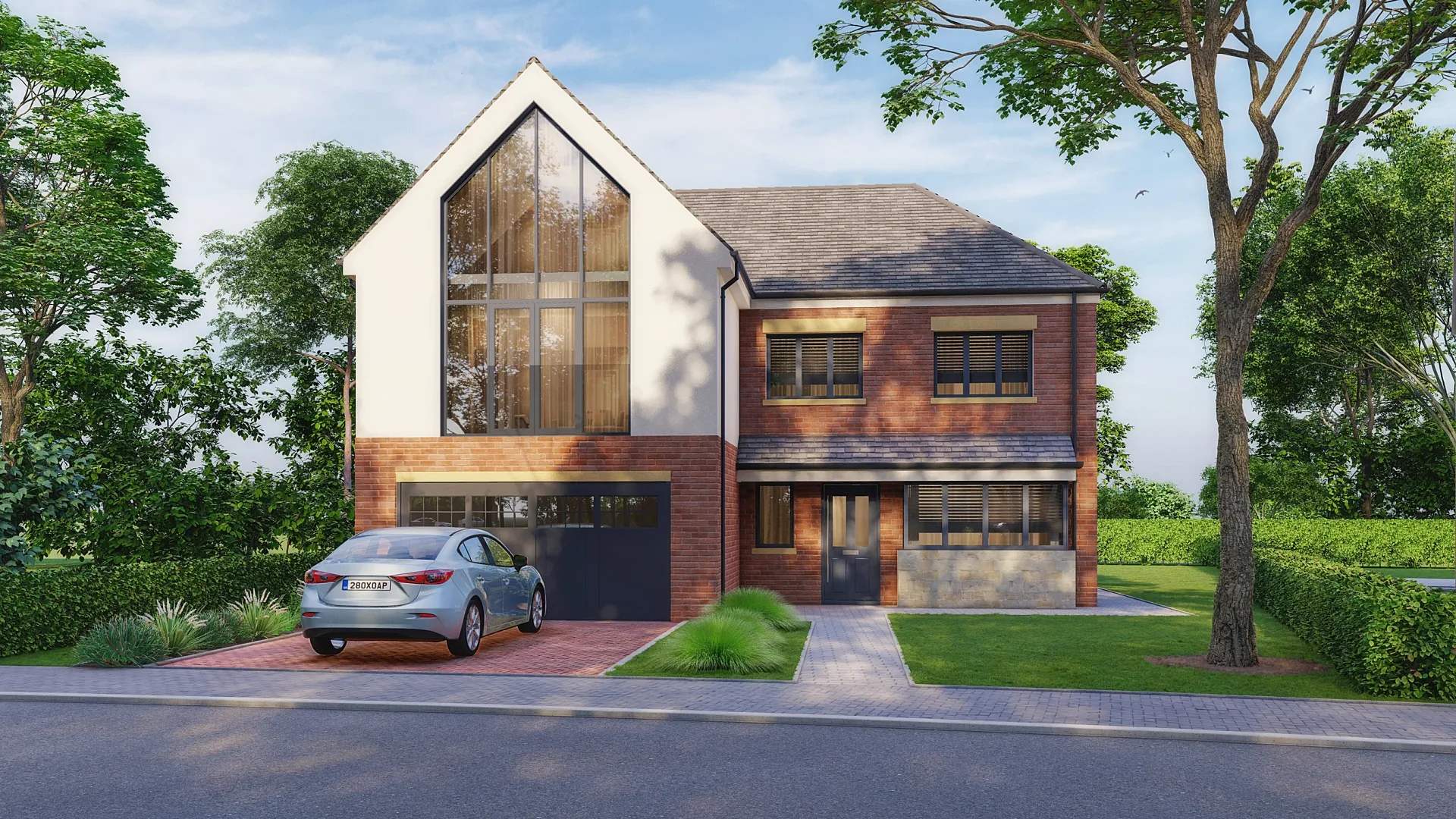 Front 3D render of a house type with glazed gable