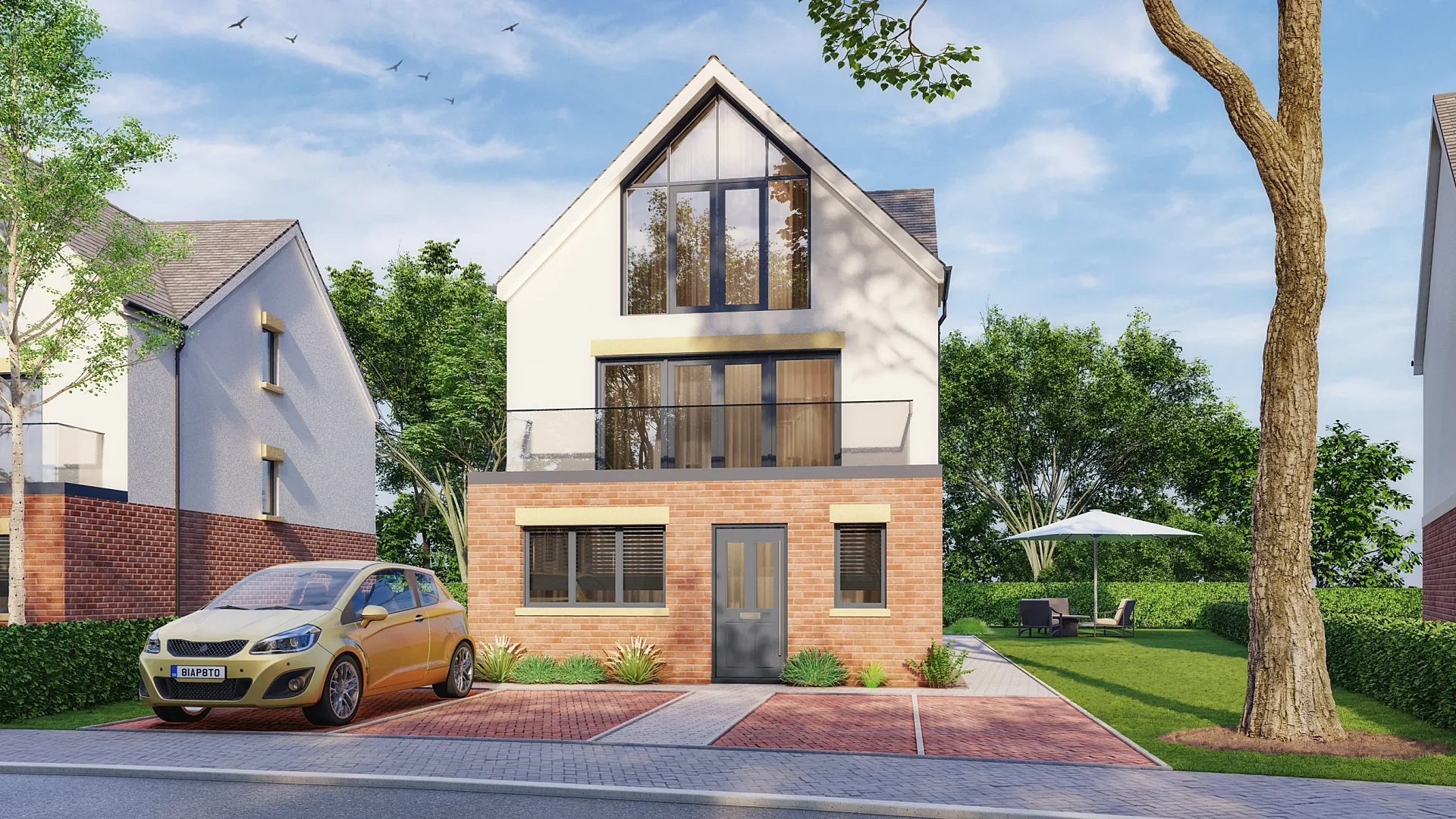 Front 3D render of a house type with balcony