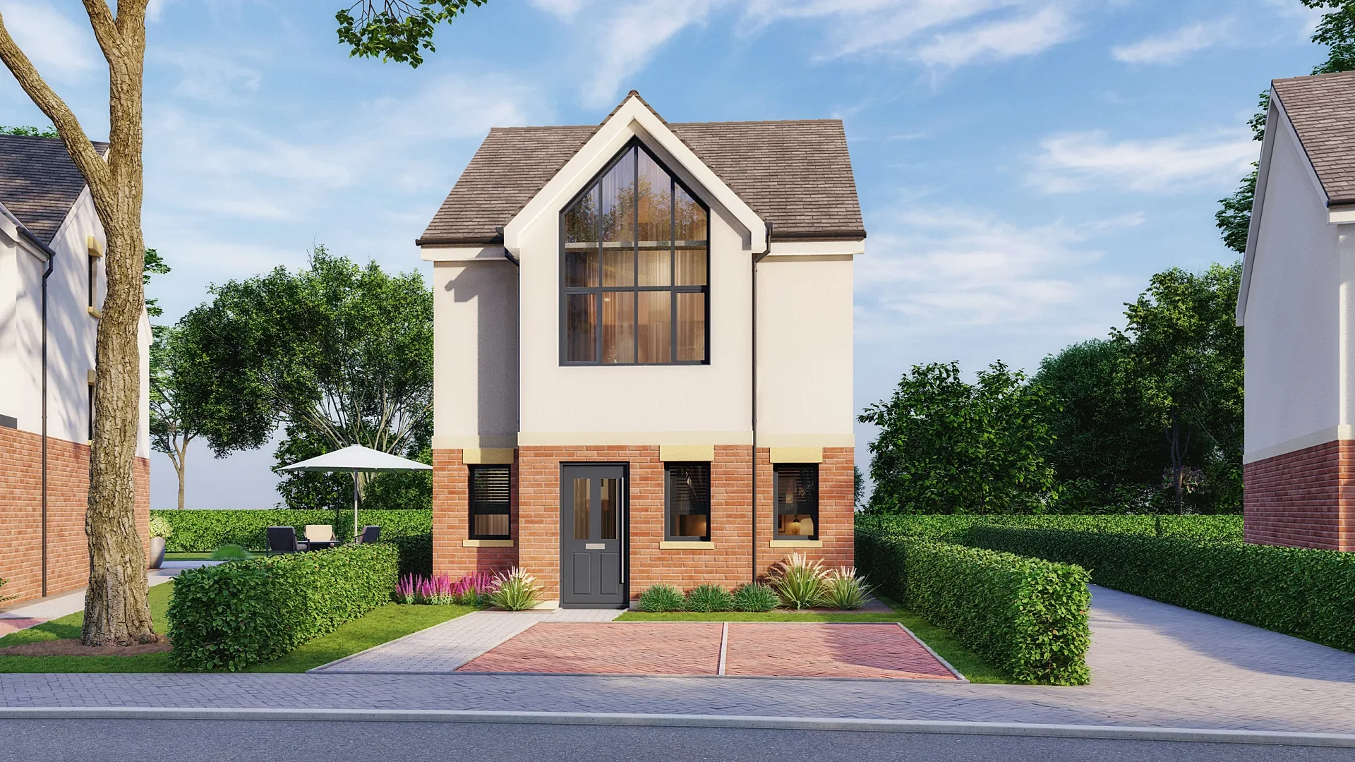 Front 3D render of a compact house type