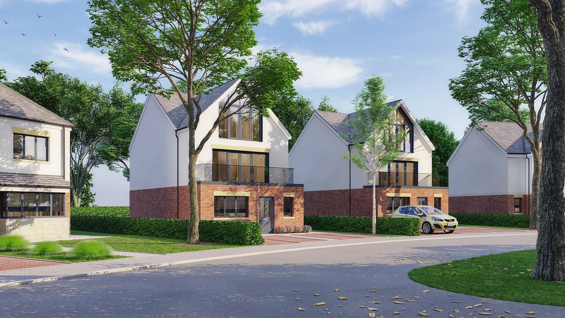 Street scene 3D render of a housing development with mixed house types