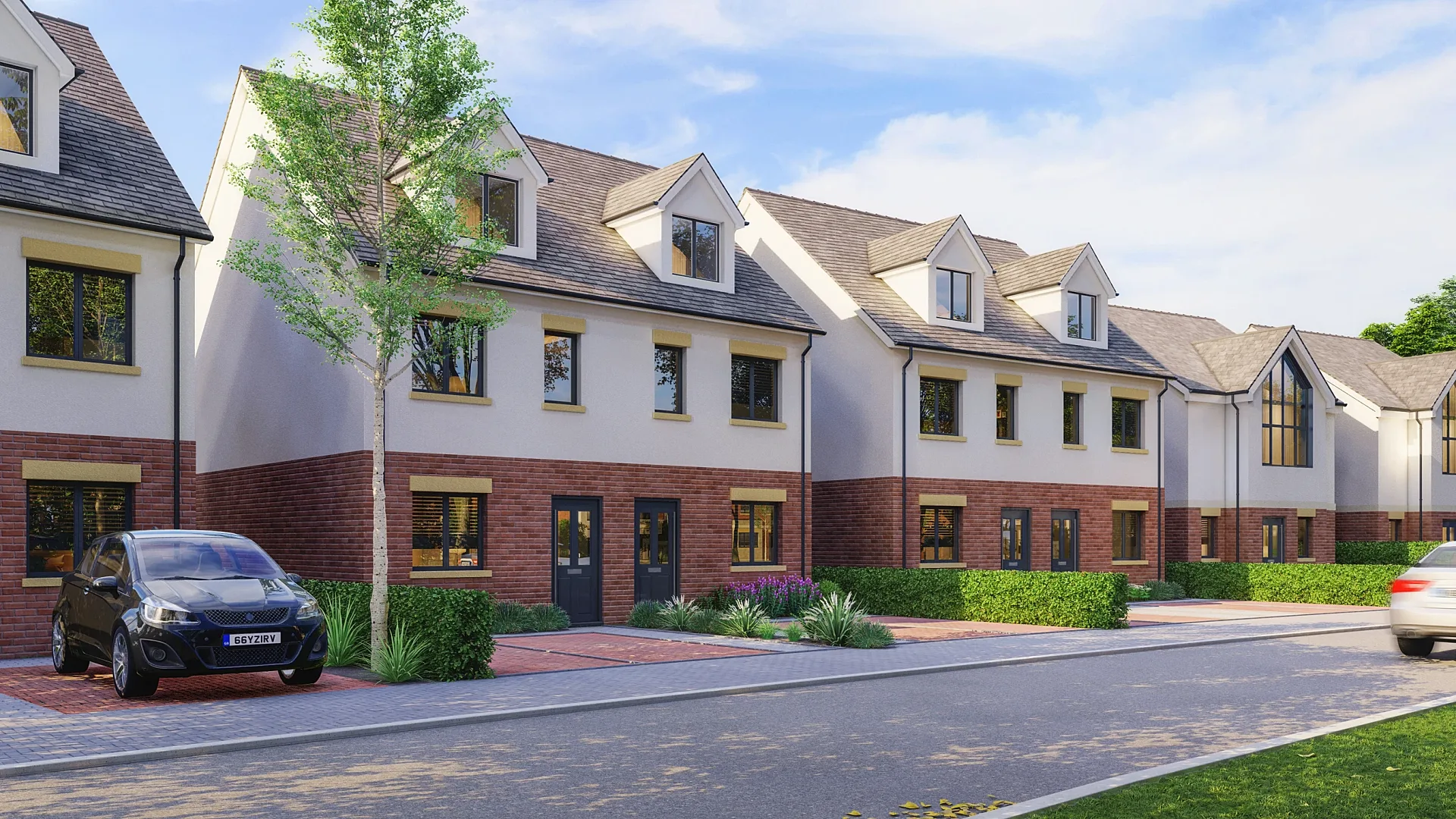 Street scene 3D render of brick houses along a curved road