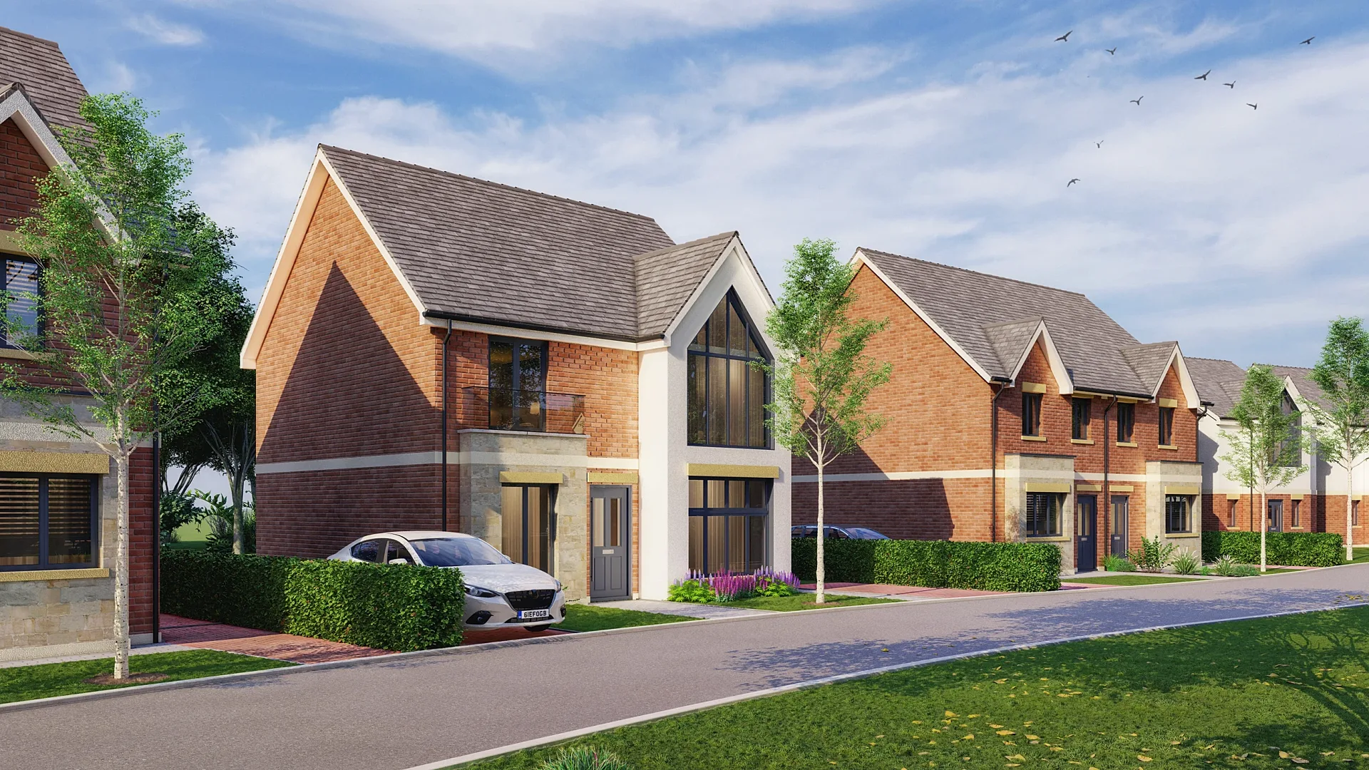 Street scene 3D render with a gabled house in the foreground