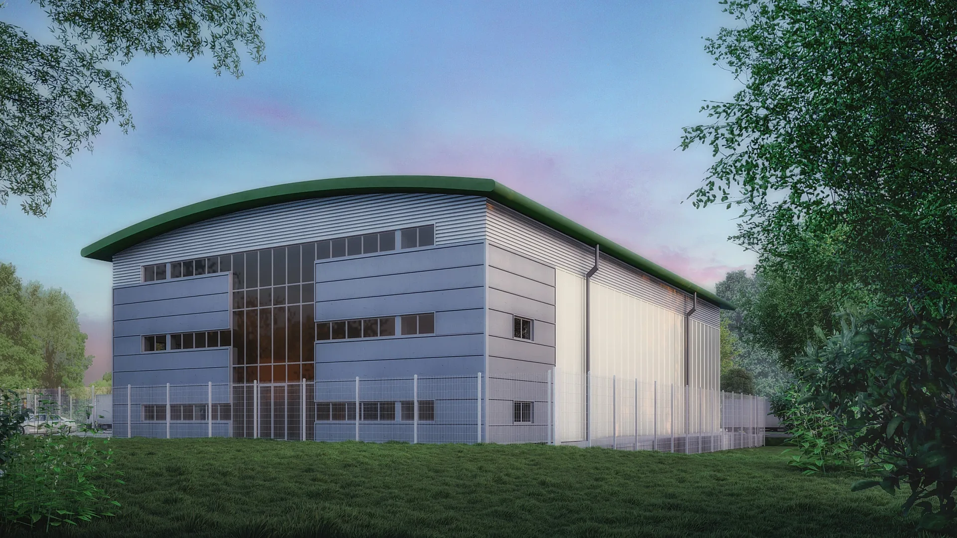 Front elevation 3D render of a curved-roof industrial building