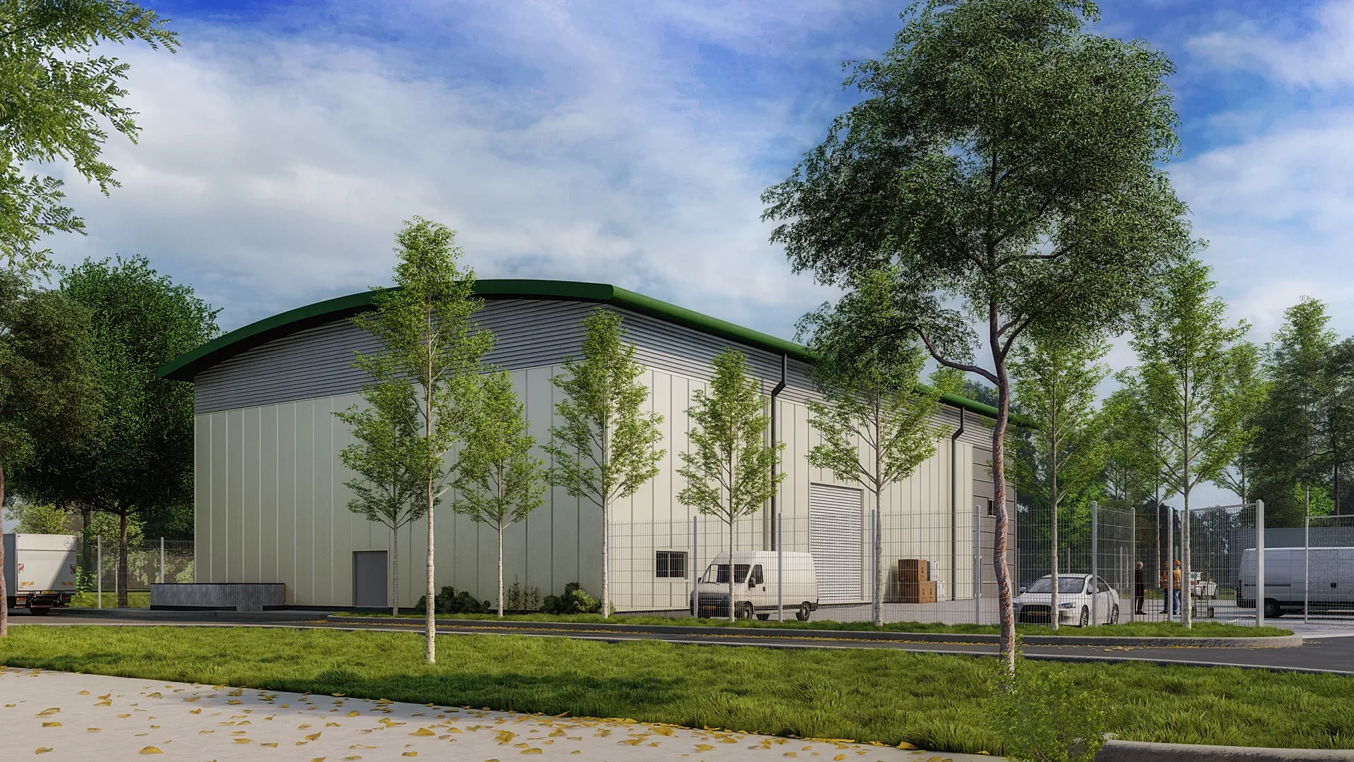 Rear 3D render of an industrial building among trees