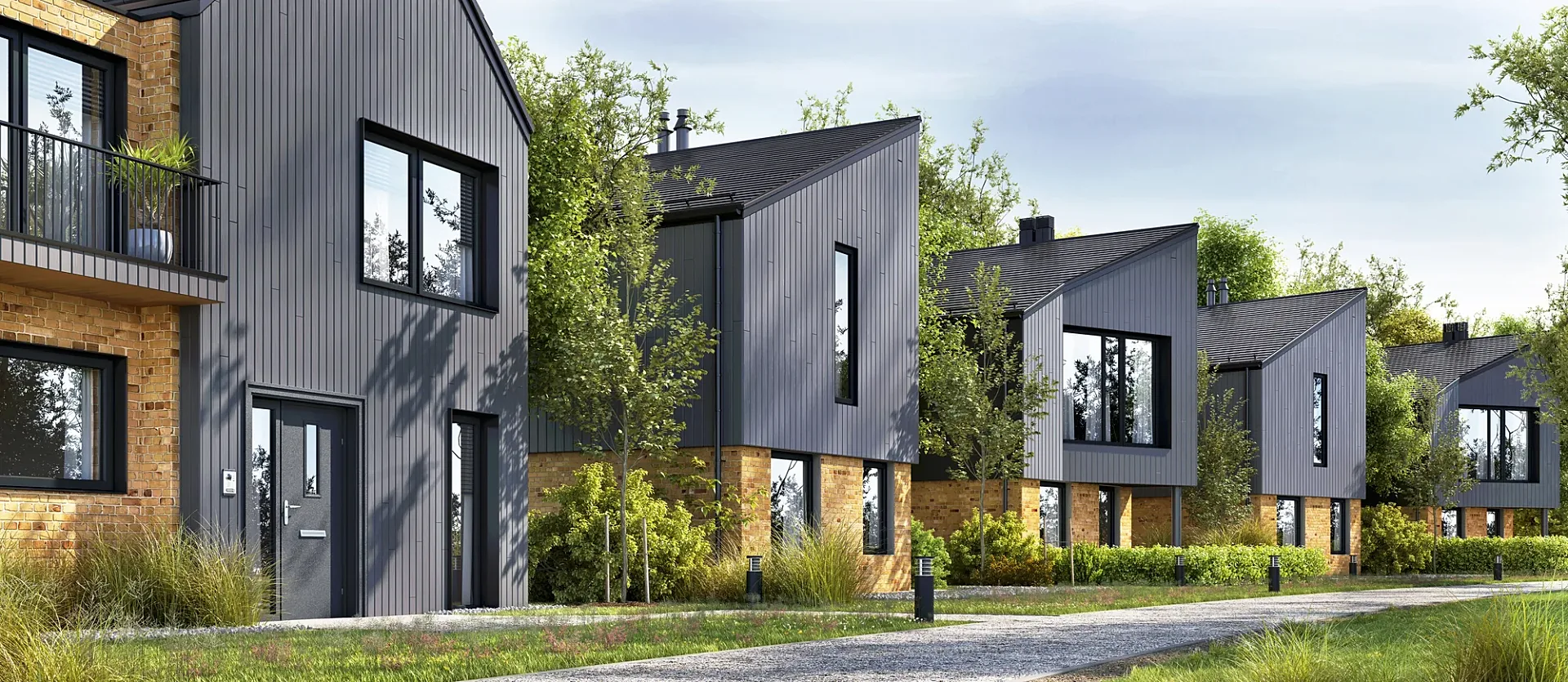Exterior 3D render of a contemporary dark-clad laneway housing scheme