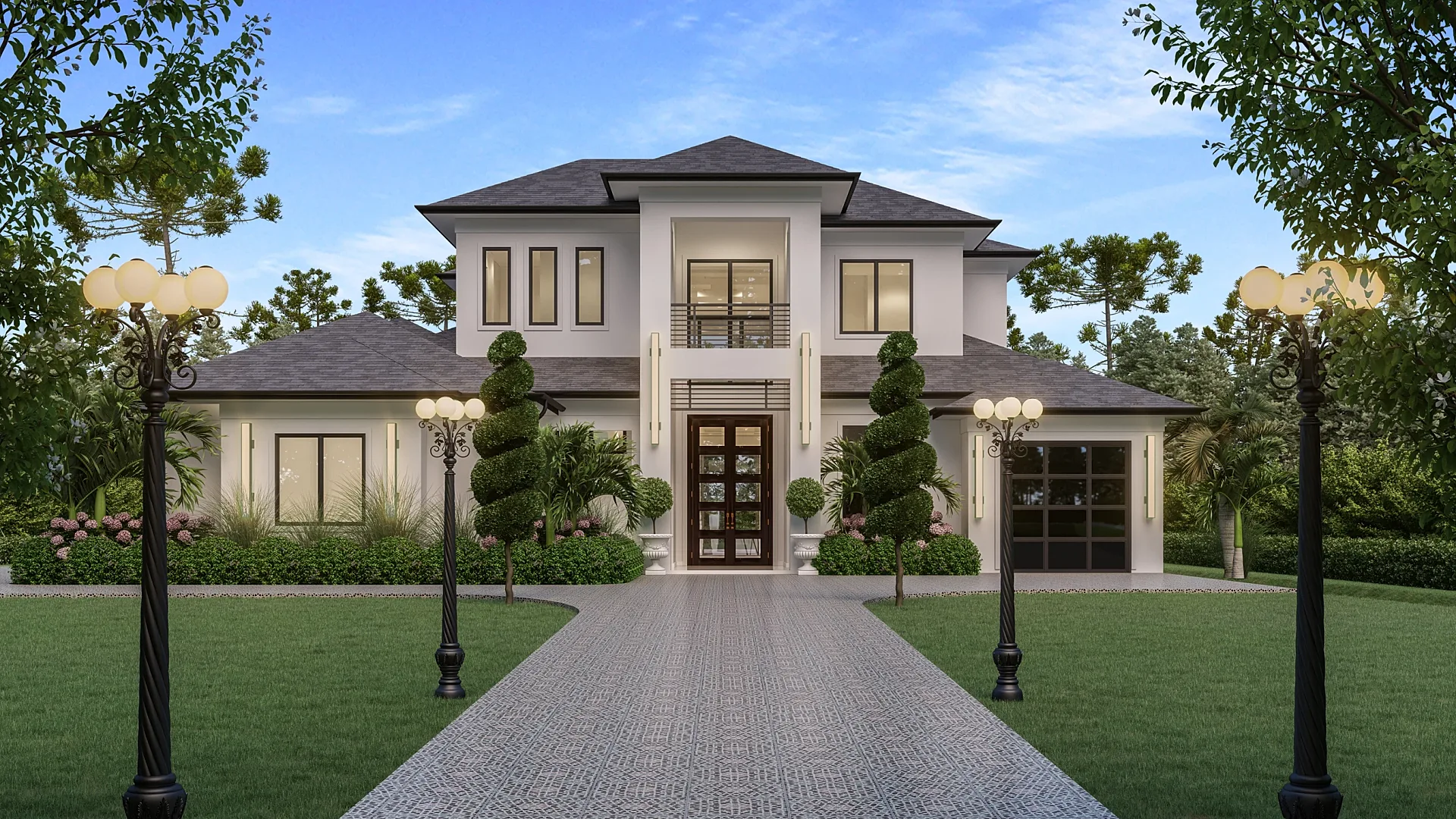 Front approach 3D render of a two-storey luxury residence