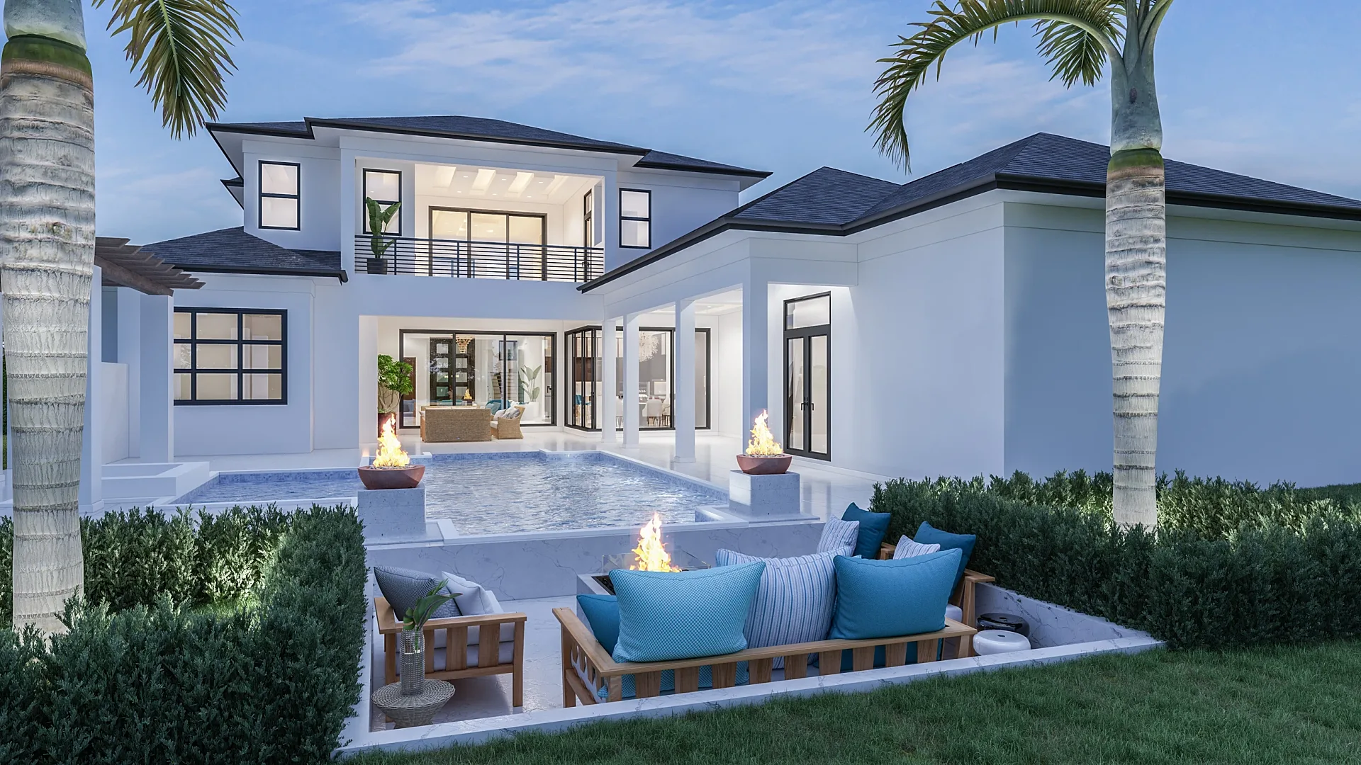 Rear 3D render of a luxury residence with pool deck and lounge
