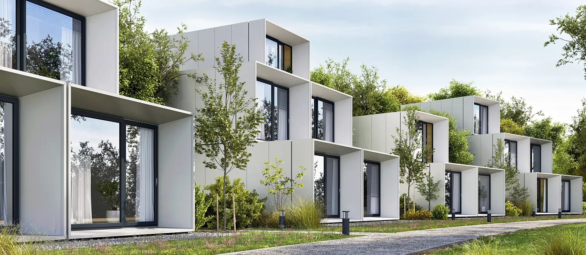 Exterior 3D render of a stepped modular villa development with gardens