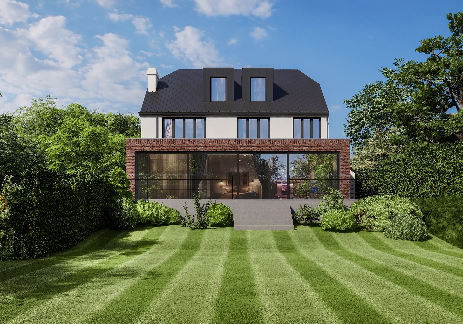 Rear exterior 3D render of the neighbouring house across the lawn