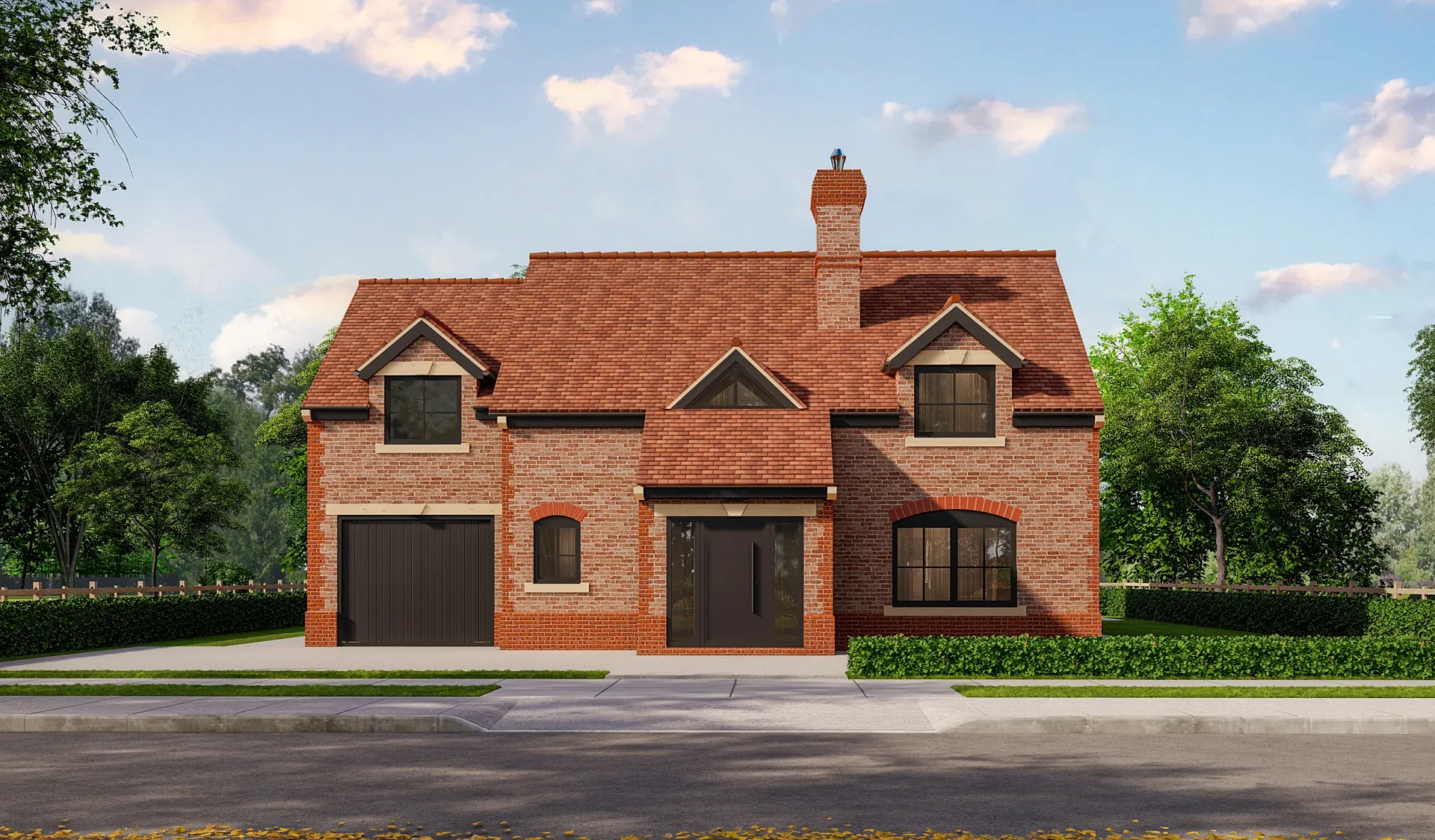 Exterior 3D render of a new-build brick house with resin driveway