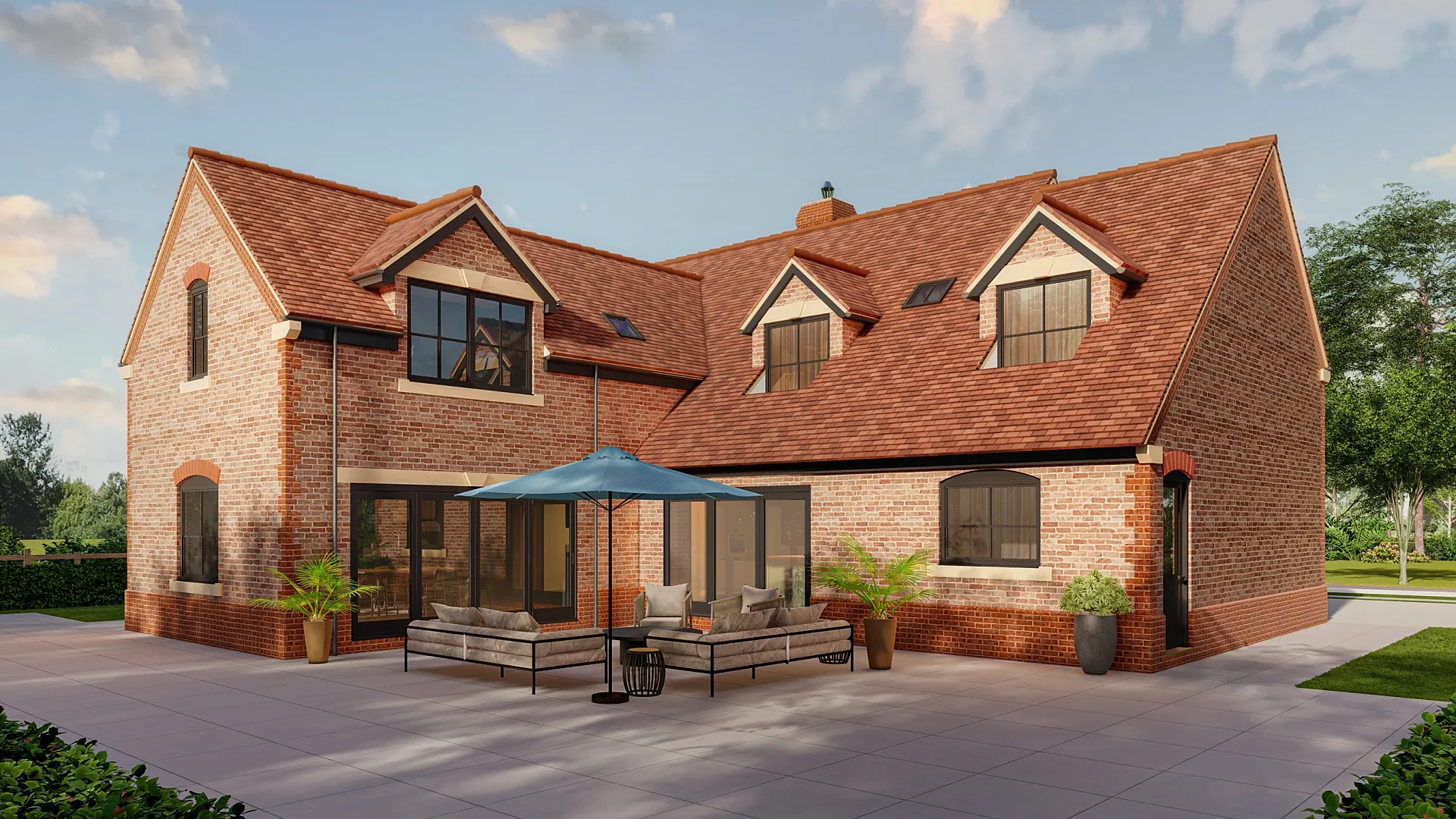 Rear exterior 3D render of a new-build house with patio