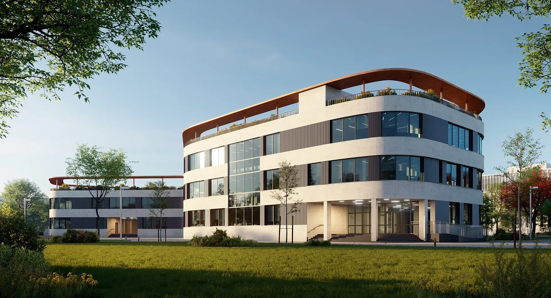 Park-side exterior 3D render of a curved glass office building