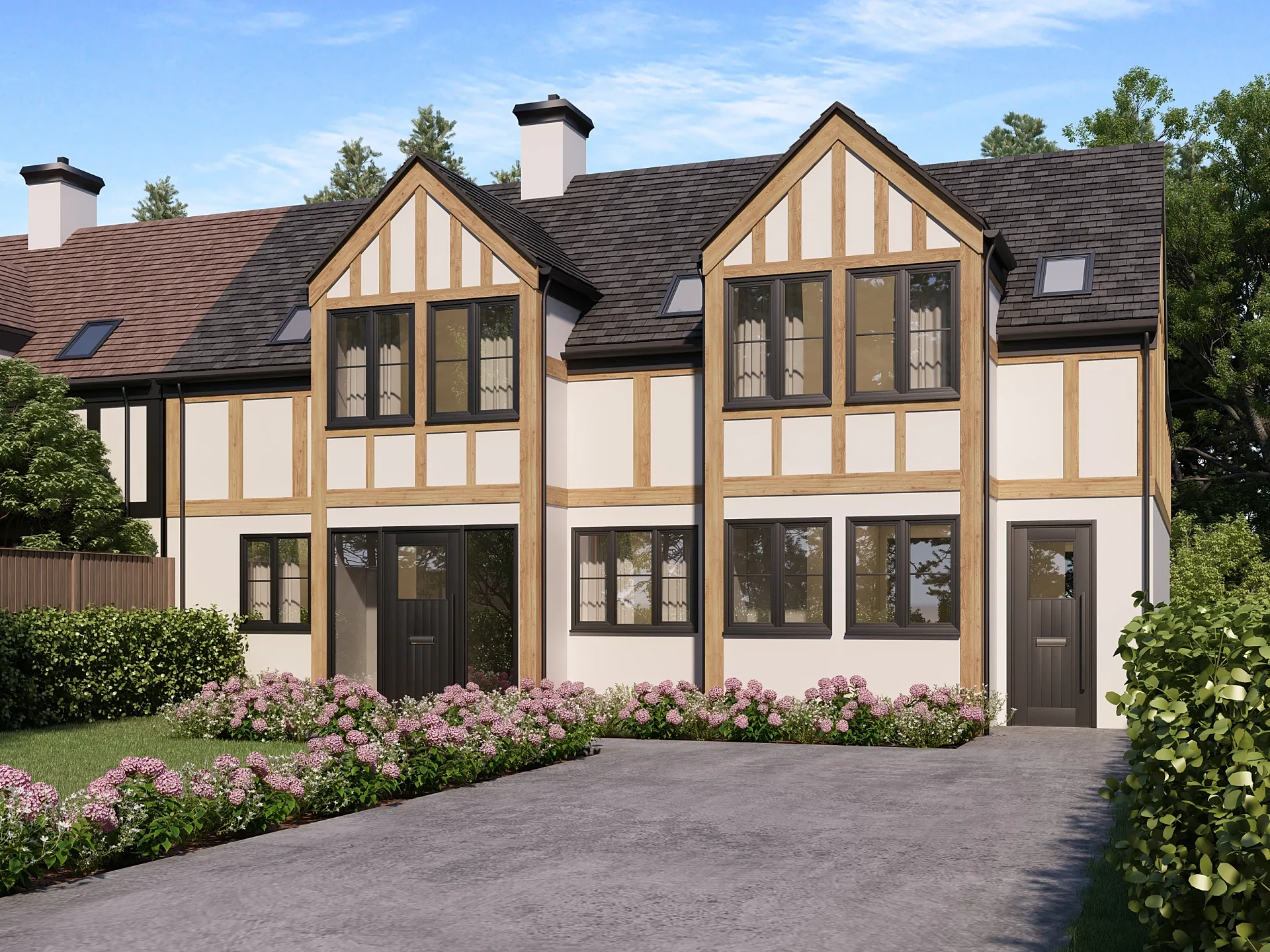 Exterior 3D render of a period-style house with black windows