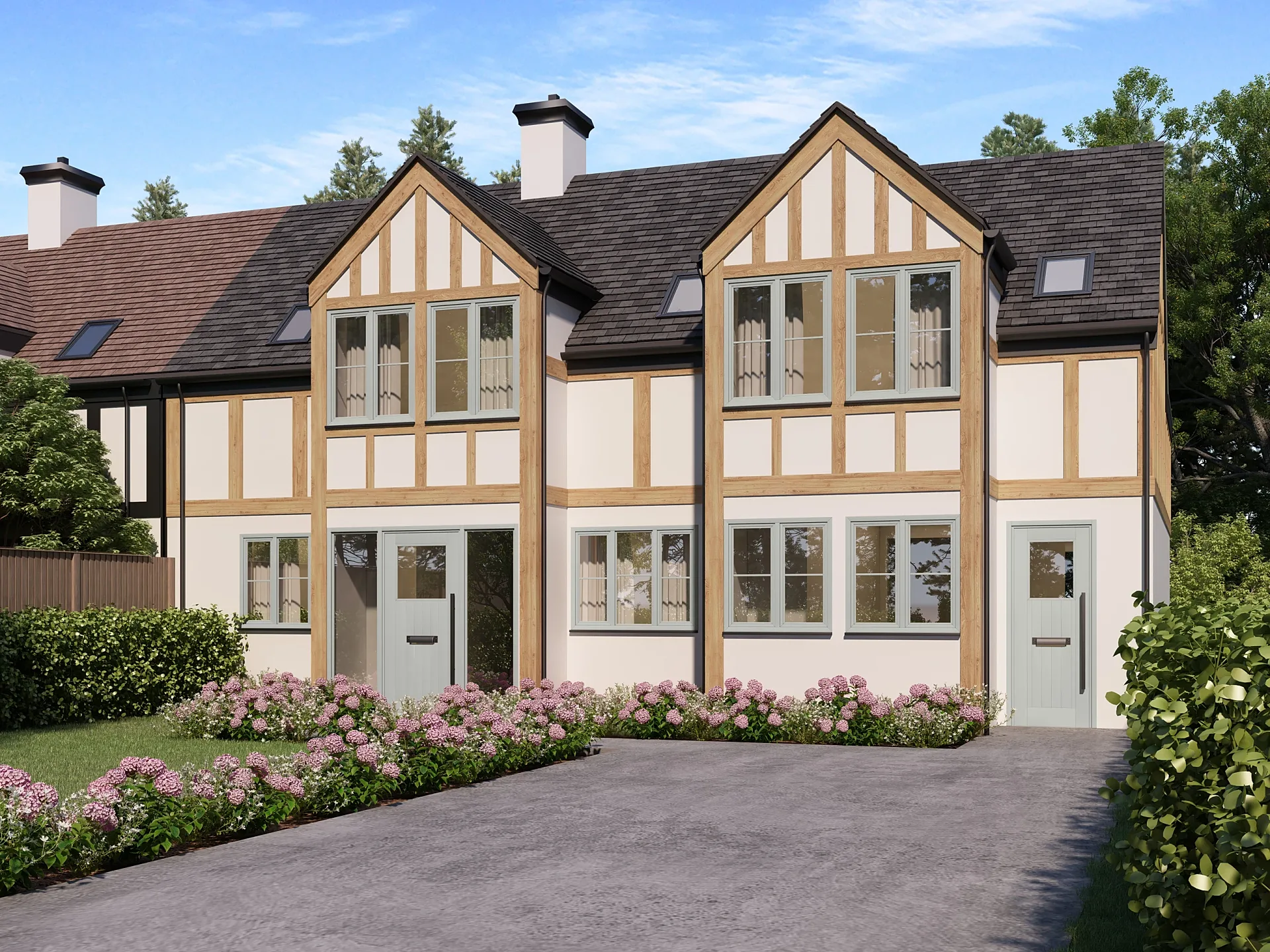 Exterior 3D render of the same house with grey windows