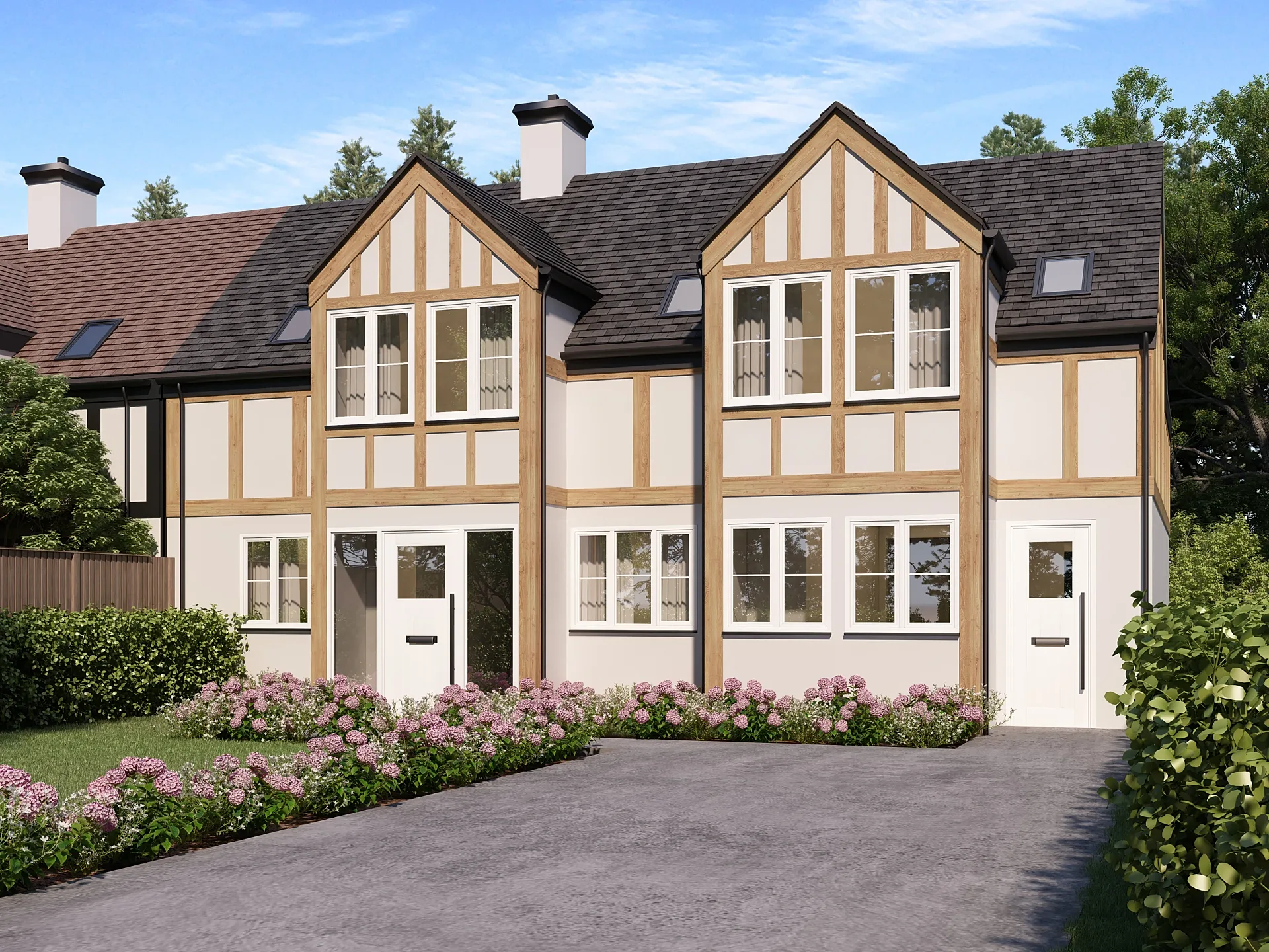 Exterior 3D render of the same house with white windows