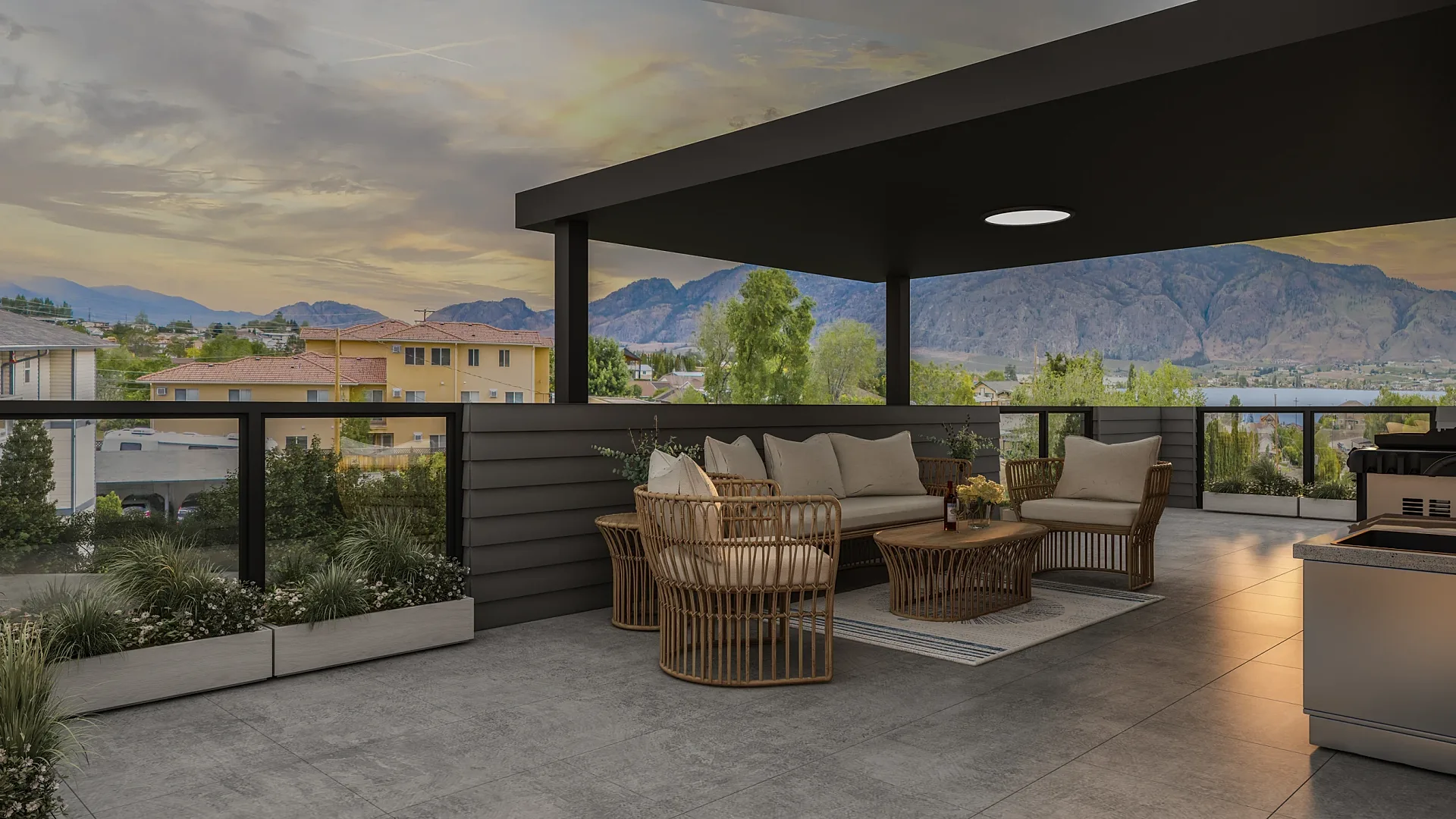 Rooftop deck 3D render at sunset with outdoor seating and lake view