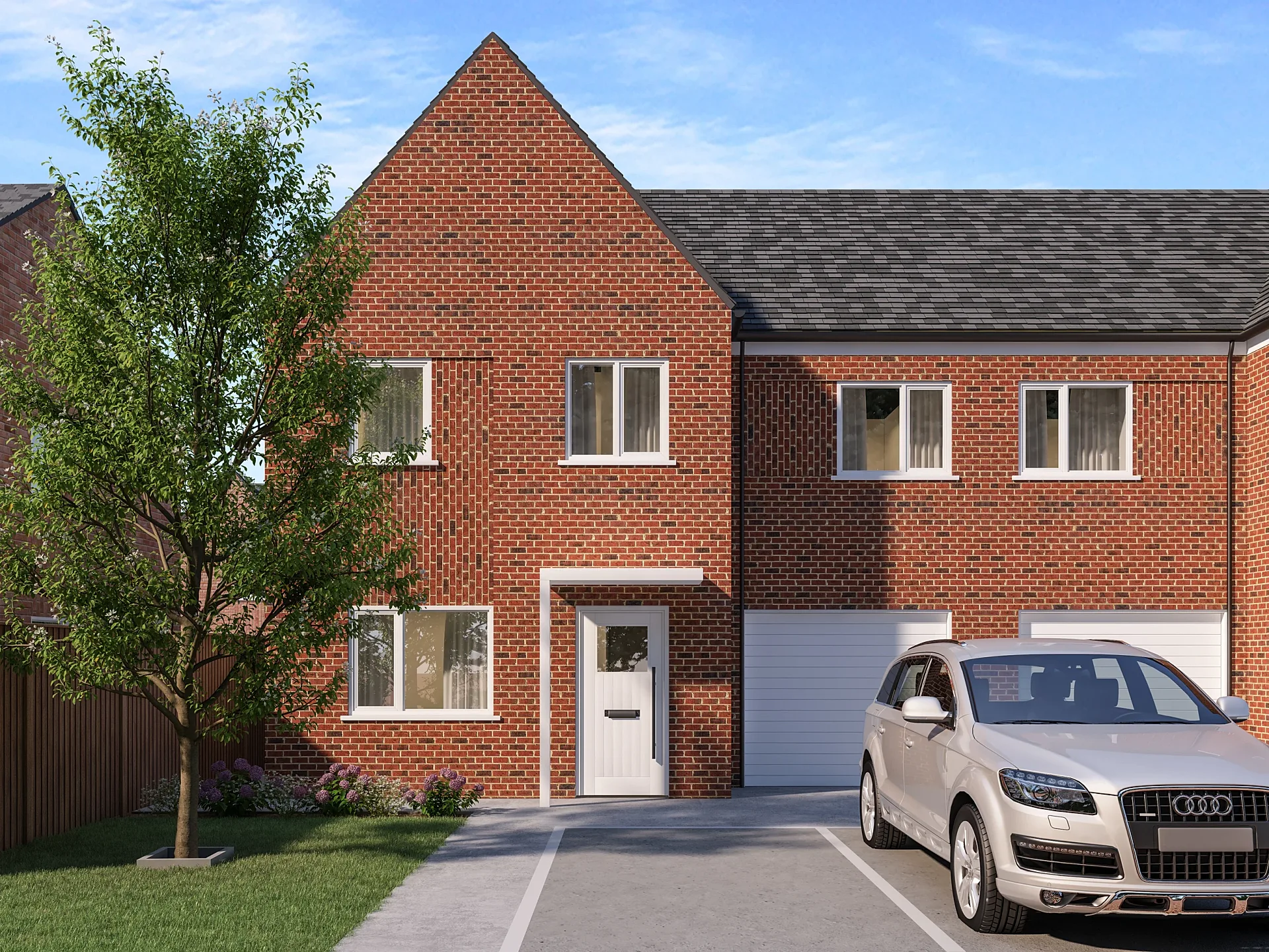 Front 3D render of a semi-detached brick house pair