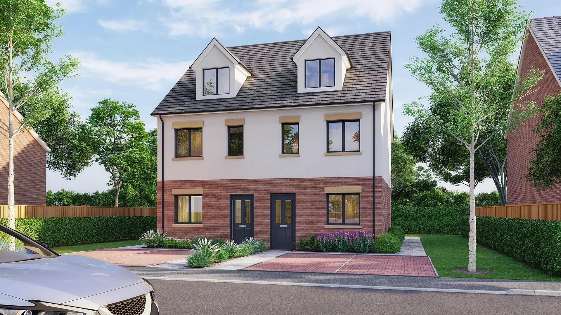 Front 3D render of a semi-detached pair with dormers