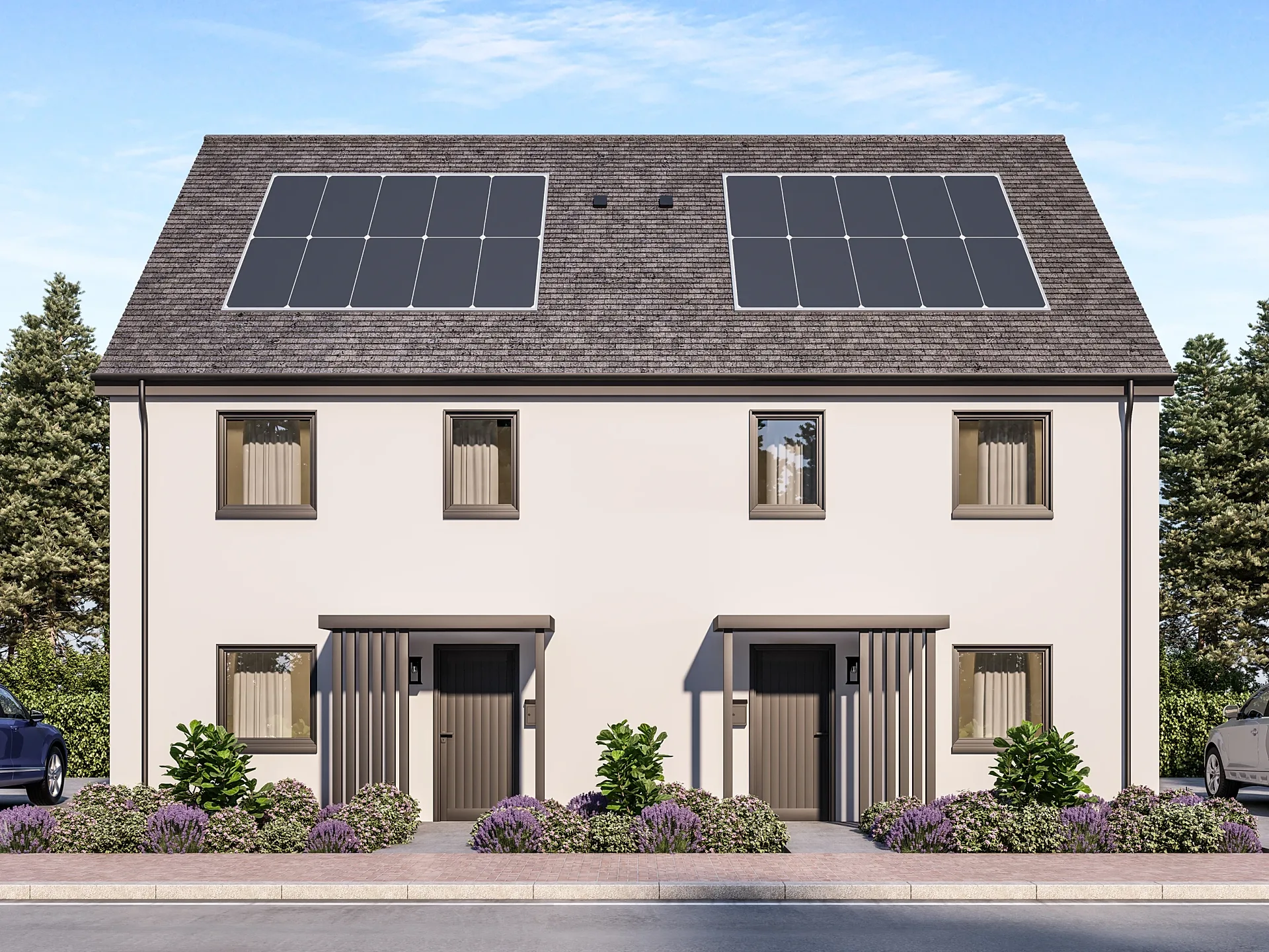 Front 3D render of a semi-detached house type in a rendered acrylic finish with solar roof