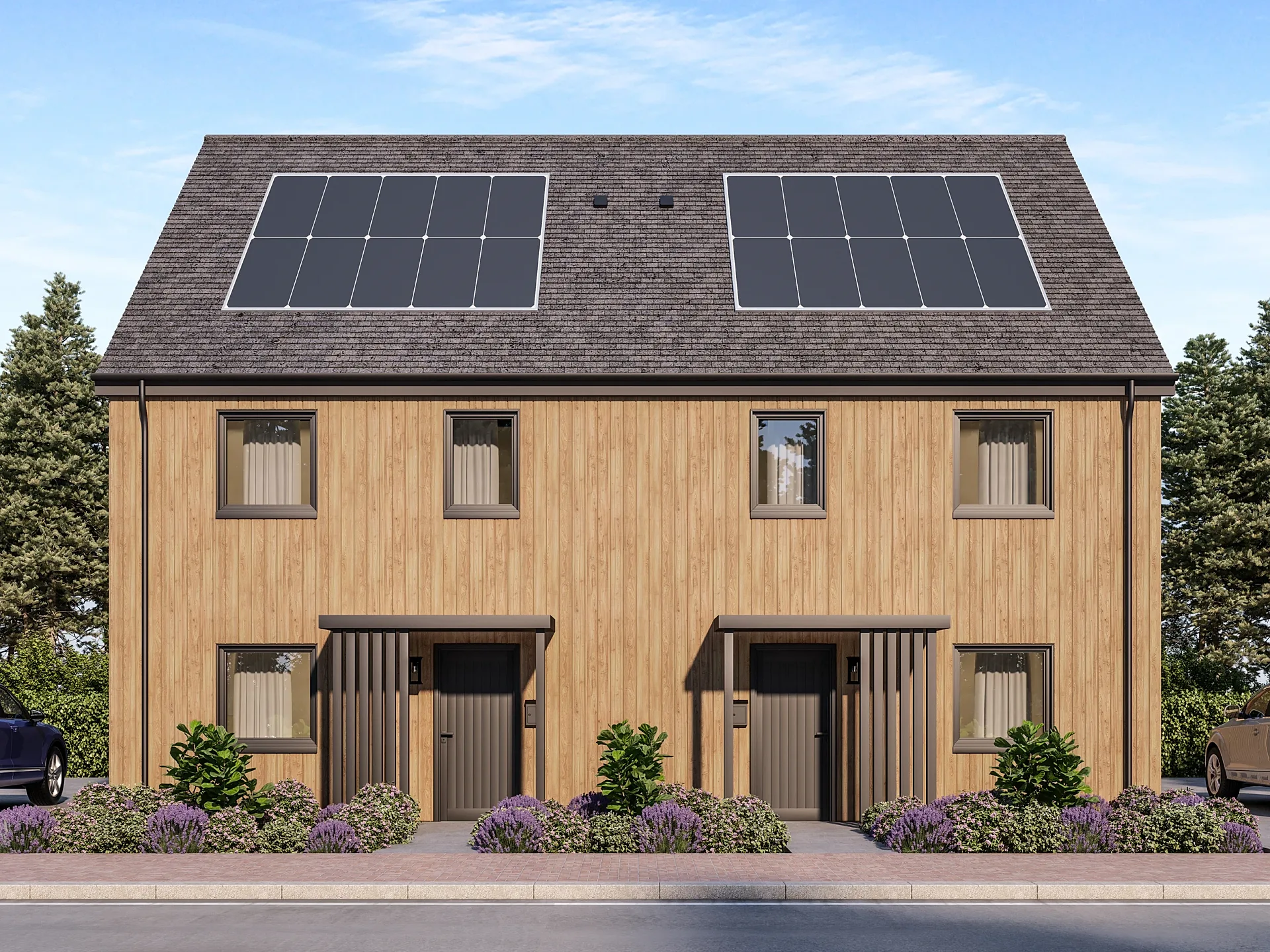 Front 3D render of the same house type in timber cladding