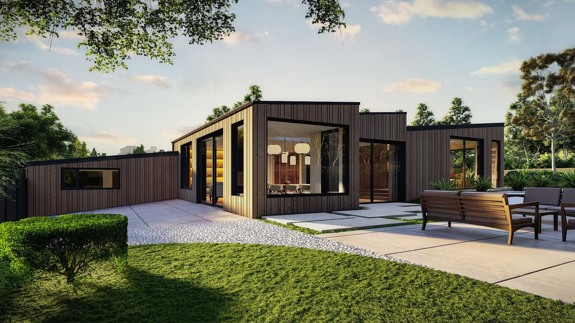 Rear terrace 3D render of a single-storey house