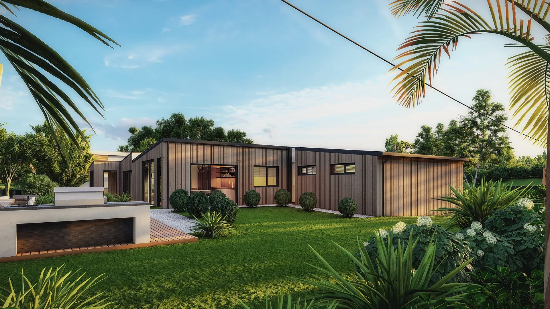 Side garden 3D render of a single-storey house
