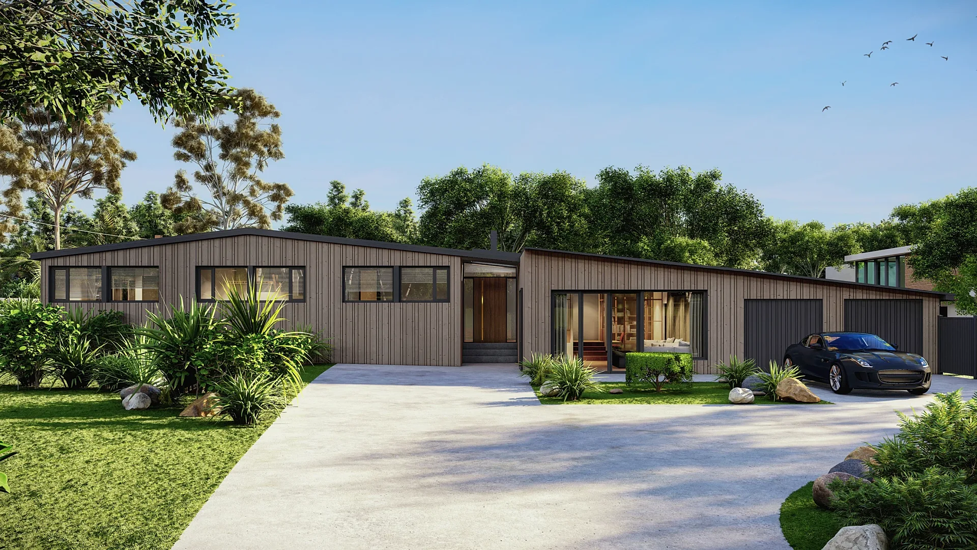 Front exterior 3D render of a single-storey timber-clad house