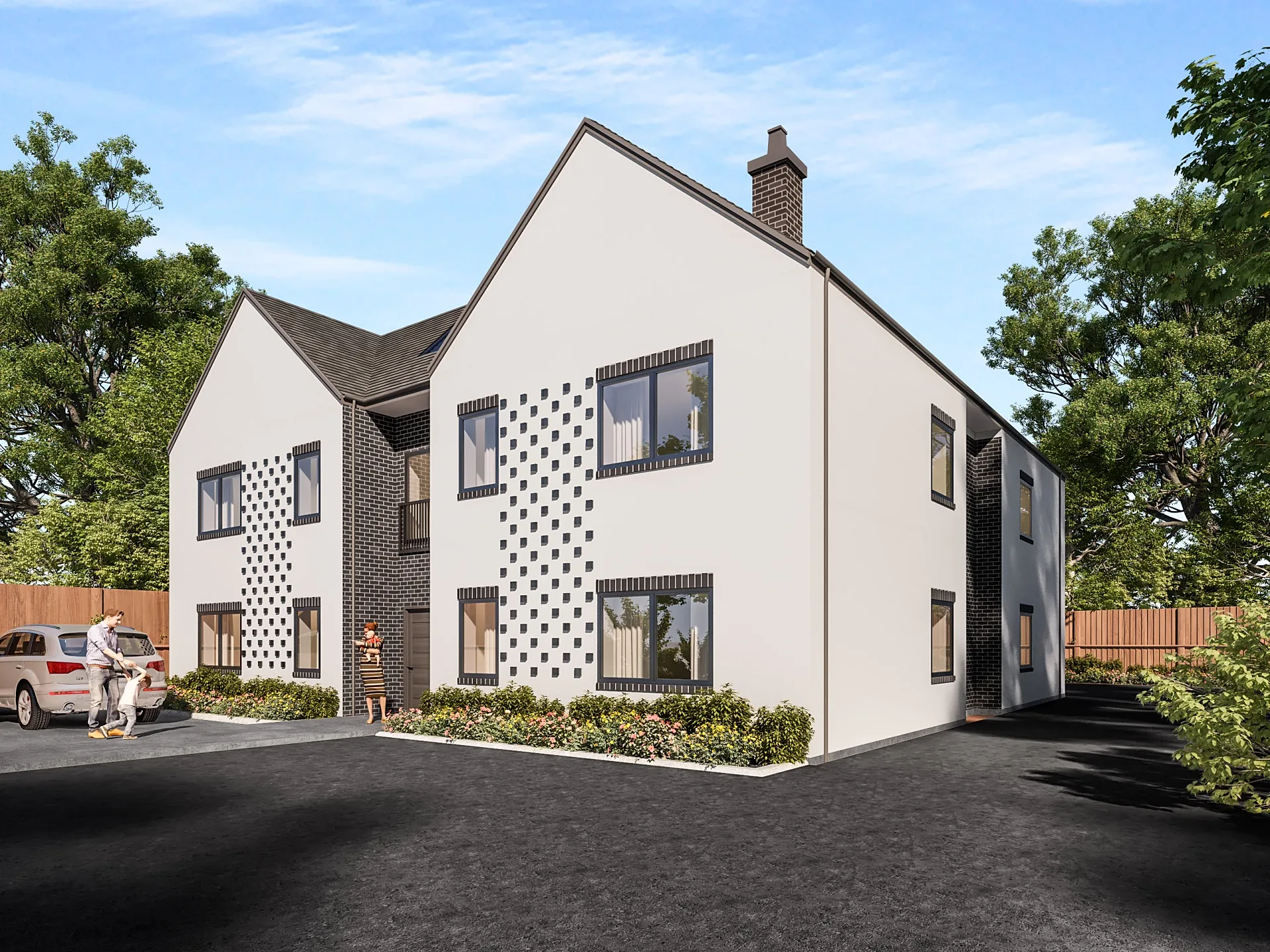 Front exterior 3D render of a nine-apartment residential building