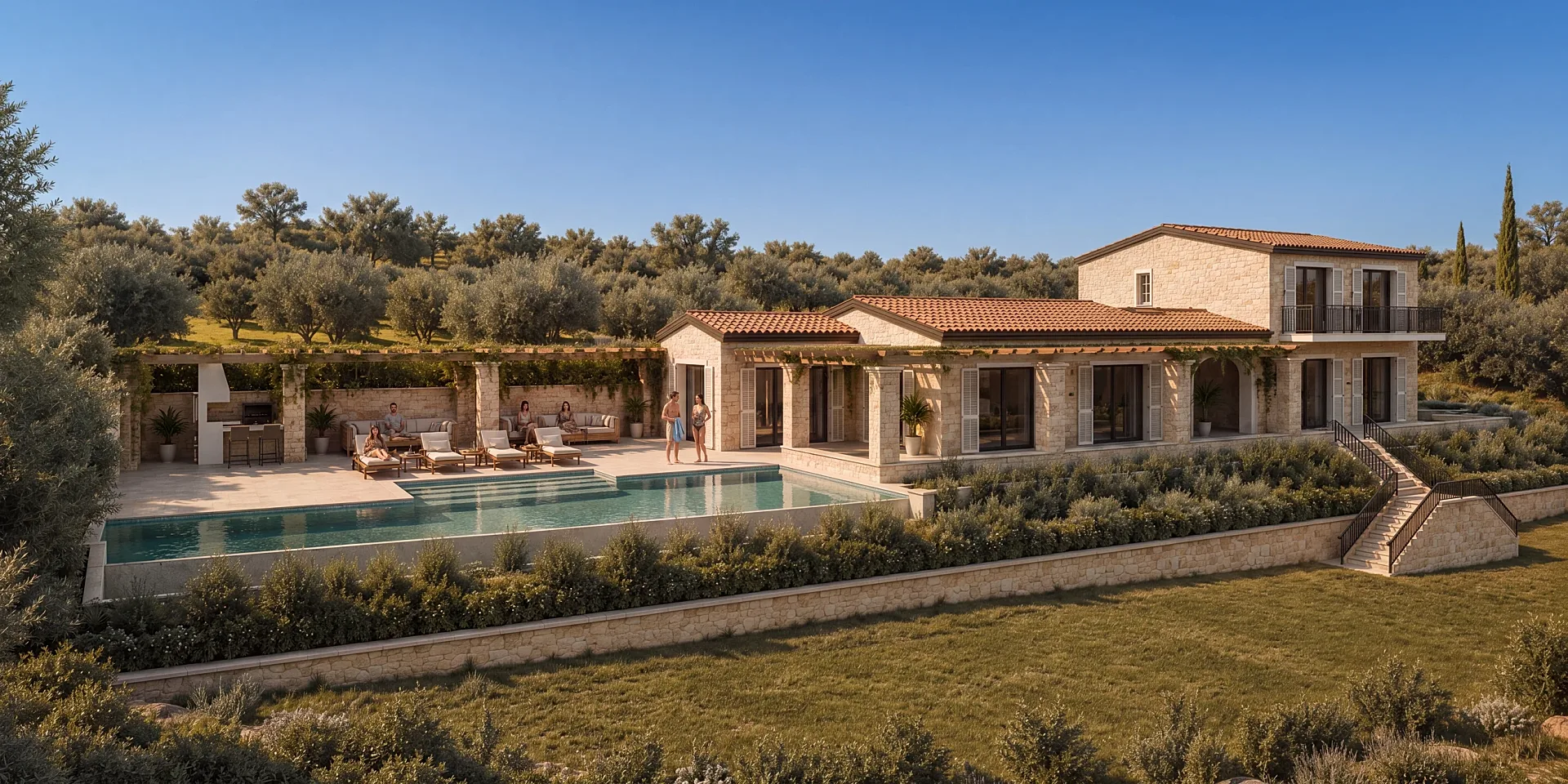 Lifestyle exterior 3D render of a villa pool with loungers