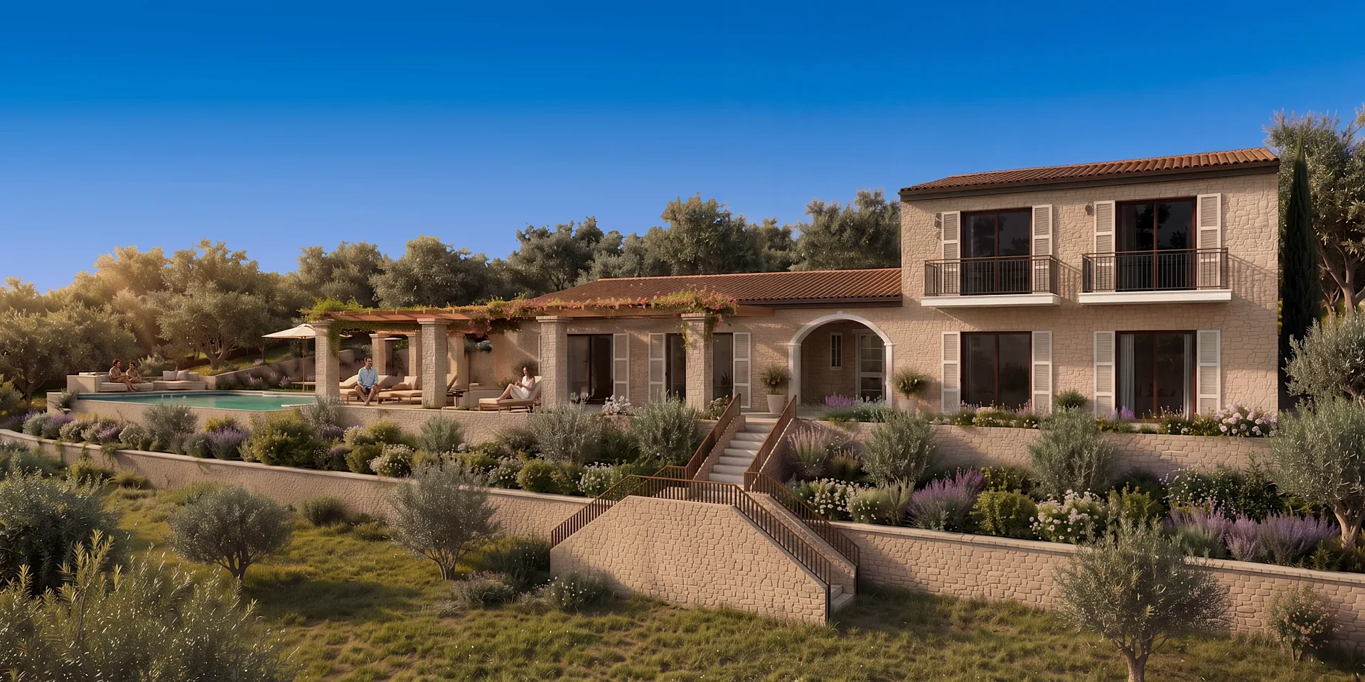 Lifestyle exterior 3D render of a stone villa with terraced gardens