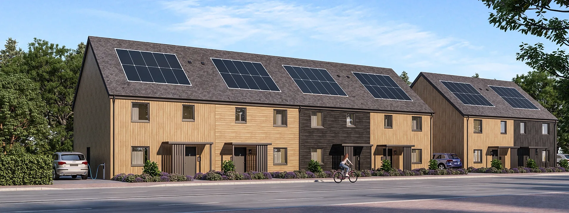 Street scene 3D render of the same range in timber cladding