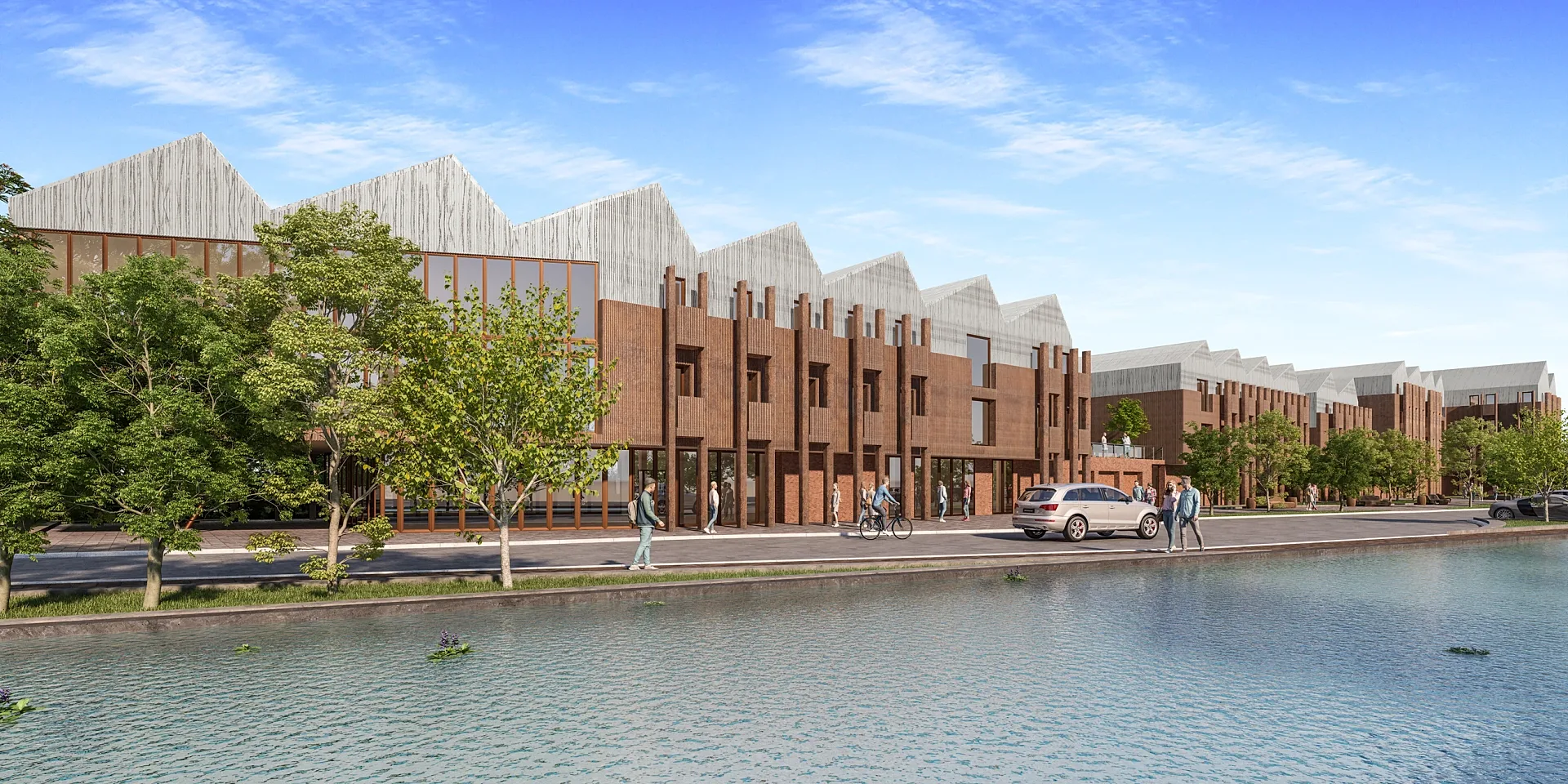 Exterior 3D render of a waterfront student accommodation scheme