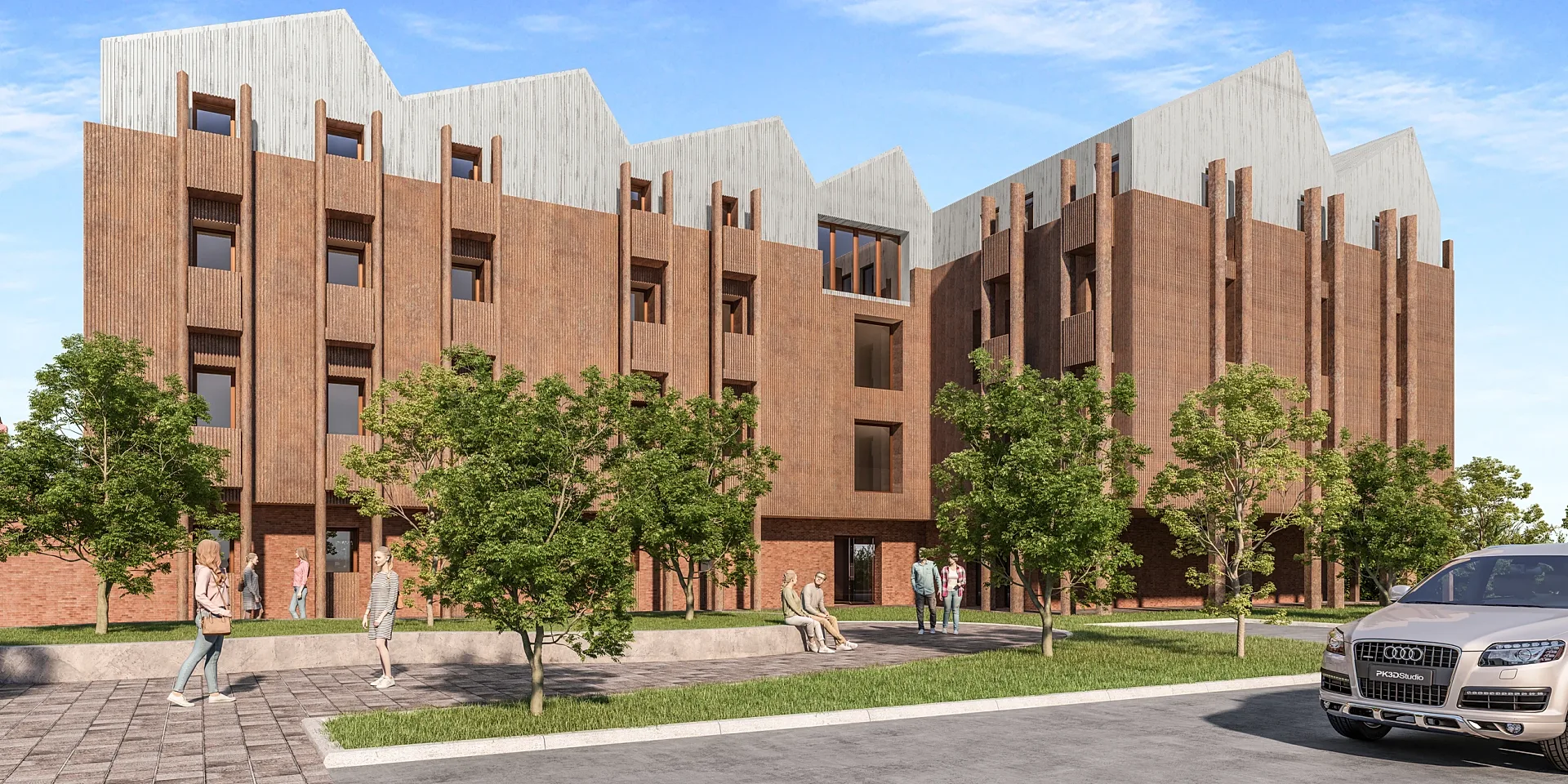 Corner view 3D render of a student housing scheme with pedestrians