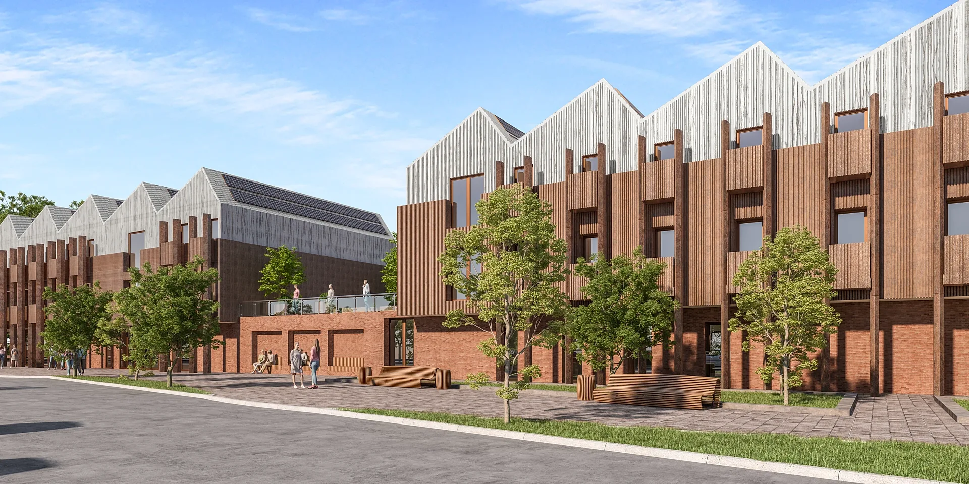 Long elevation 3D render of a sawtooth-roofed student housing scheme