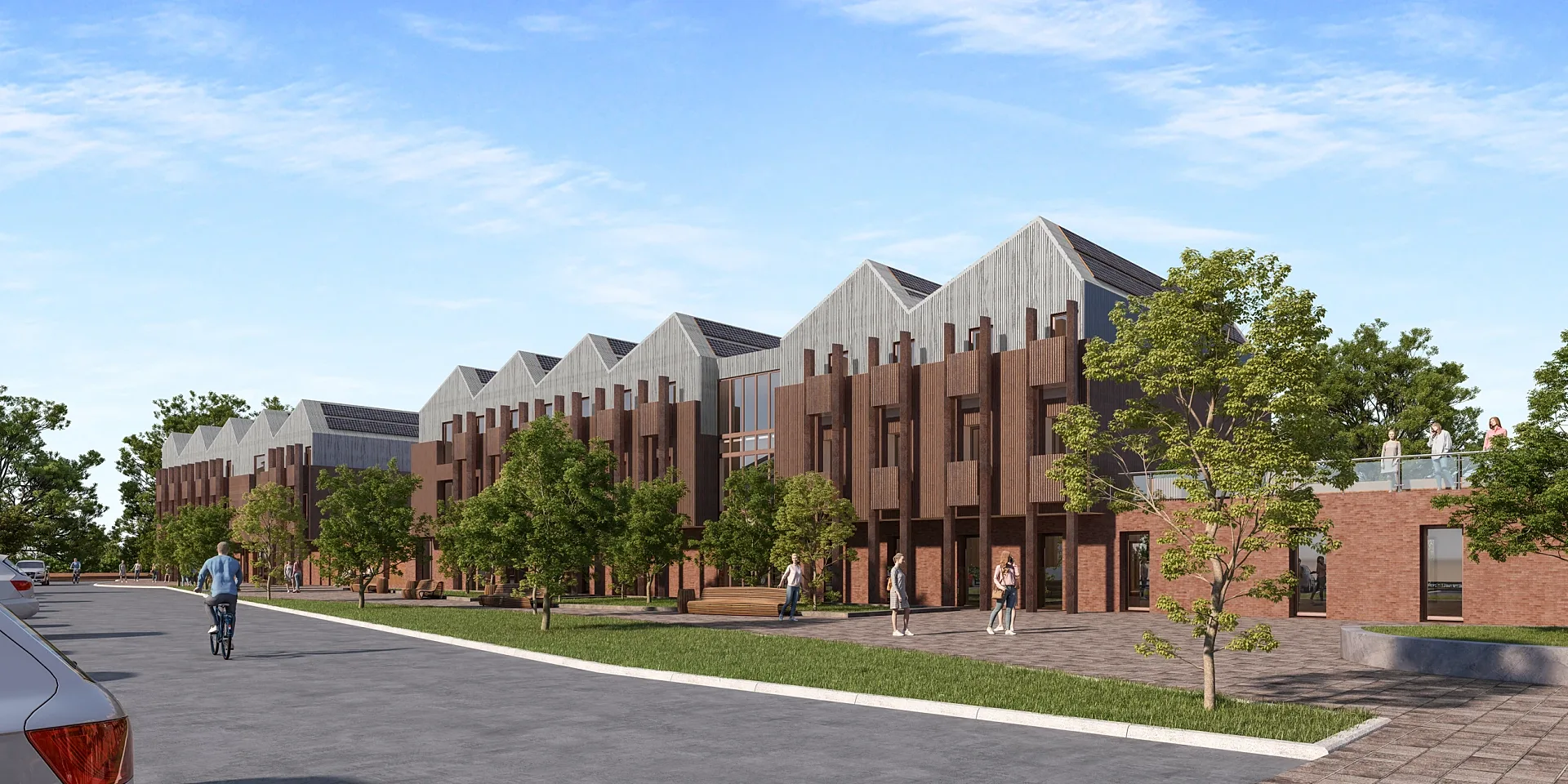 Street-level 3D render of a brick student housing block