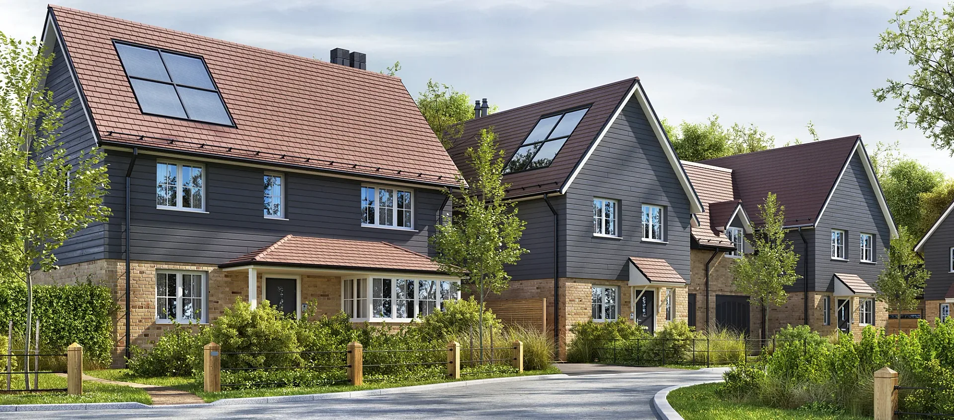 Exterior 3D render of a suburban housing scheme with detached homes