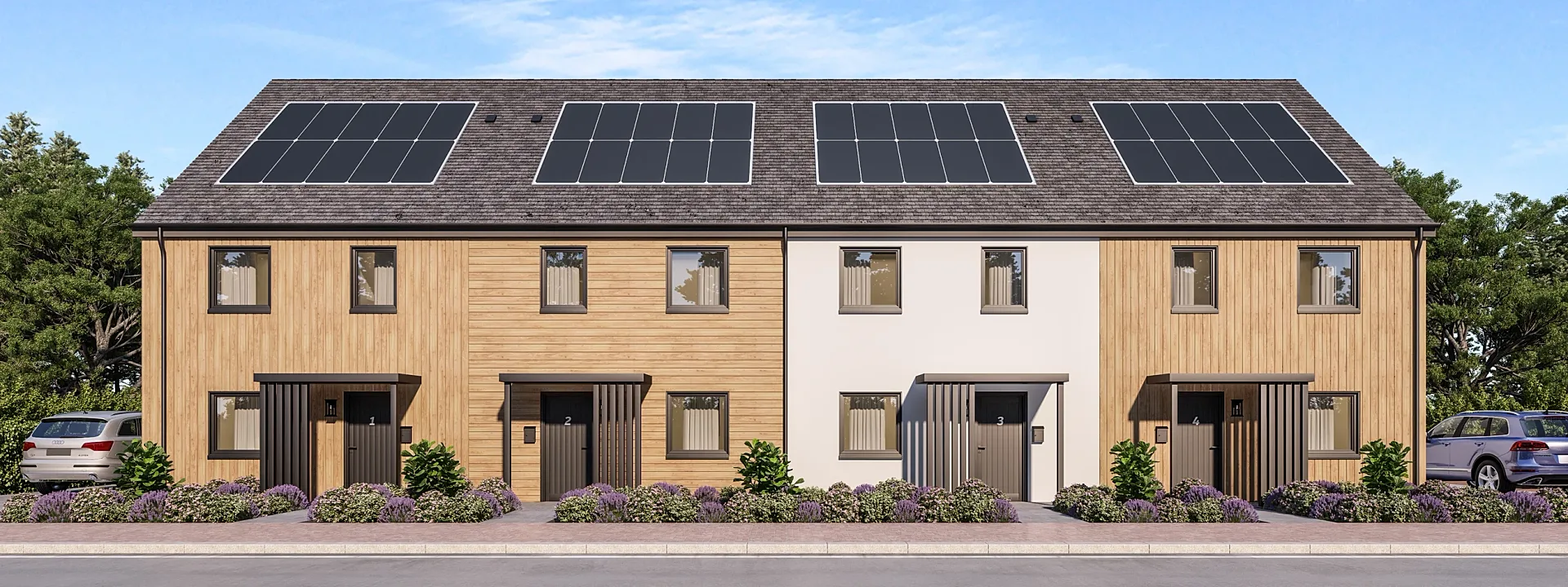 Front 3D render of a terraced house type in a rendered acrylic finish