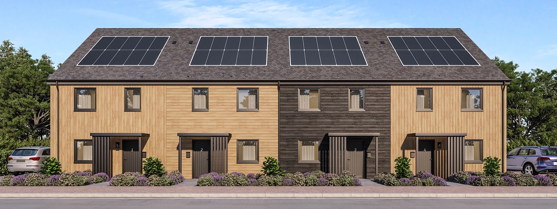Front 3D render of a terraced house type in timber cladding