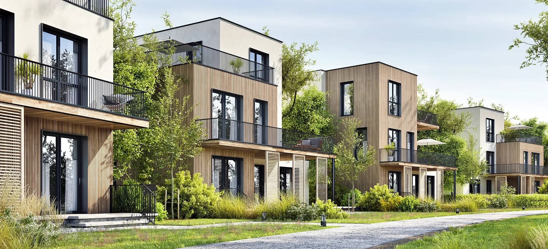 Exterior 3D render of a timber-clad townhouse development with landscaped pathways