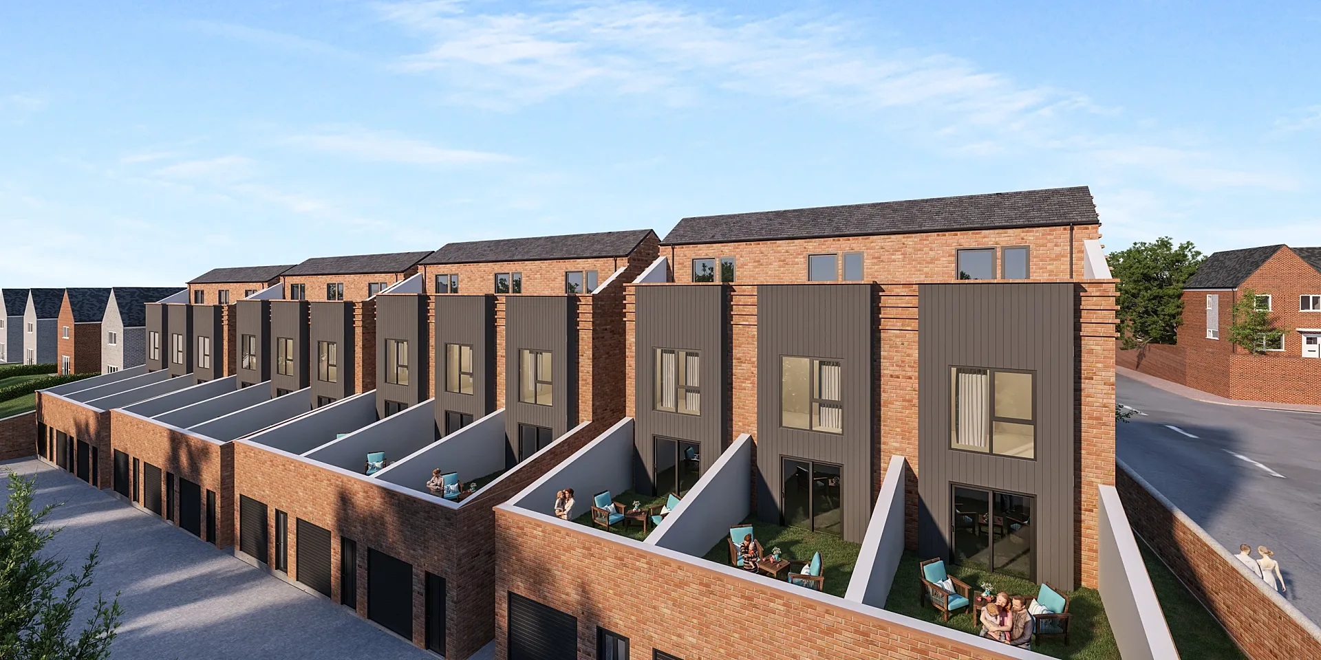 Rear 3D render of townhouses with elevated gardens above garages